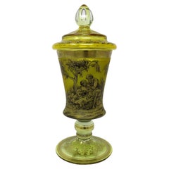 Antique Vintage Bohemian Amber Engraved Glass Goblet Urn Vase Landscape Scene