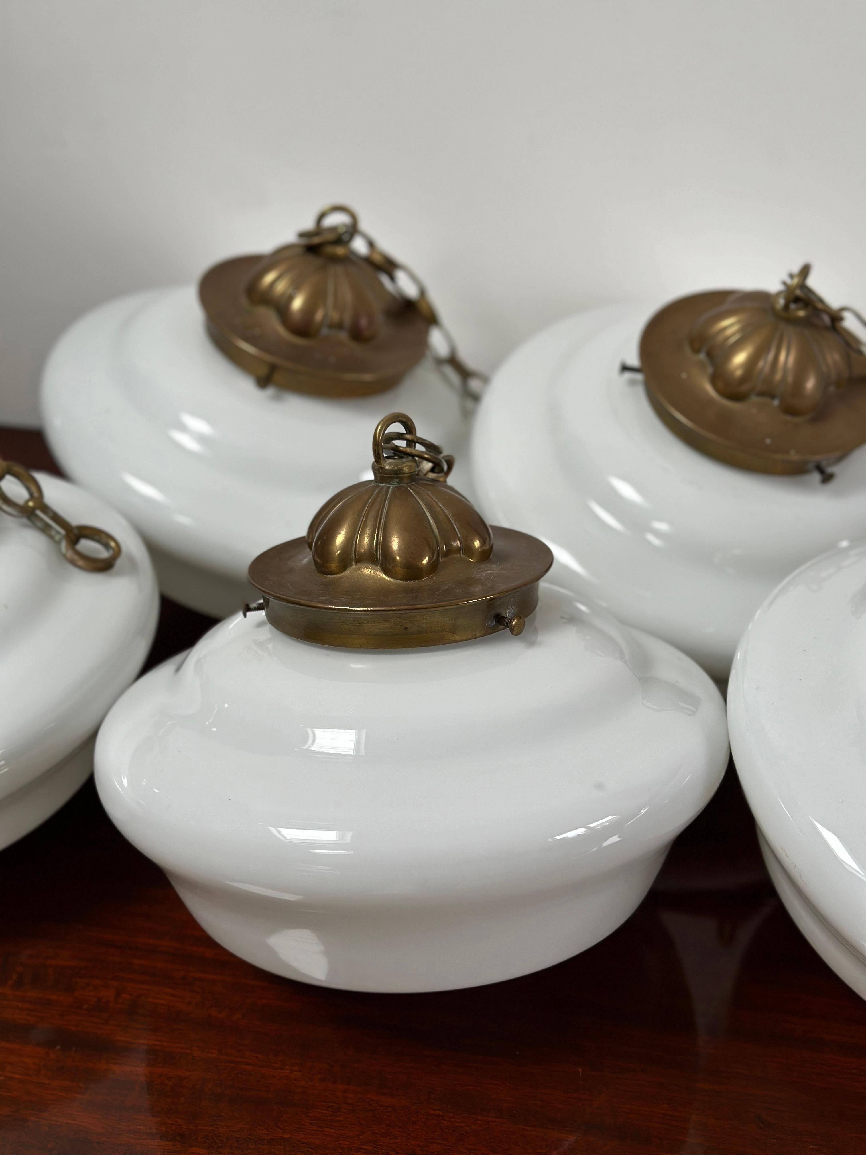 - A rare 'Hailware' opaline brass ceiling pendant by Hailwood & Ackroyd, England circa 1930. 
- The pendant originally hung inside an old Cambridge University in England and is in a wonderful condition for its age, comes with original chain and