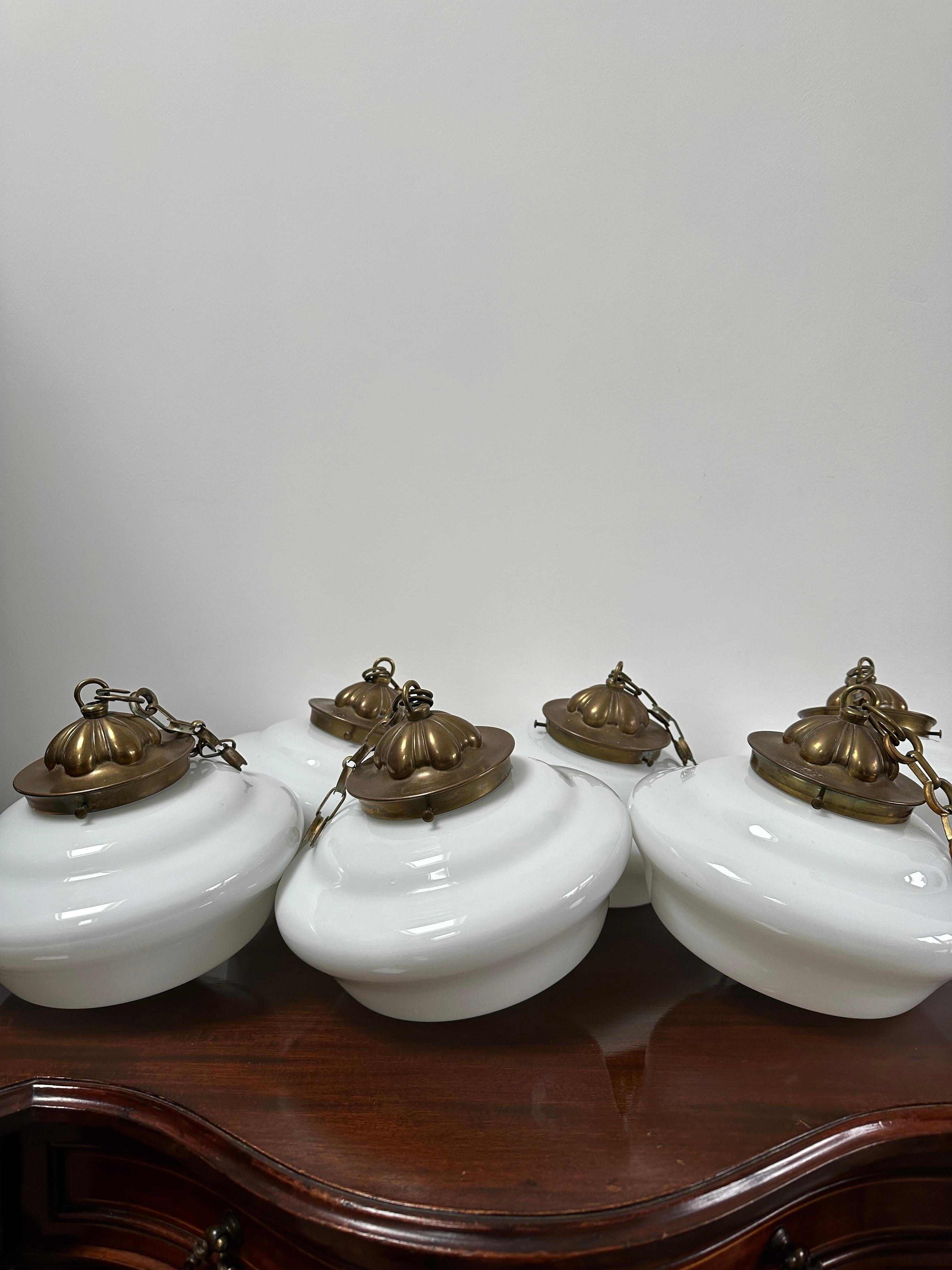 Antique Vintage Brass Church Opaline Milk White Glass Ceiling Pendant Light Lamp In Good Condition For Sale In Sale, GB