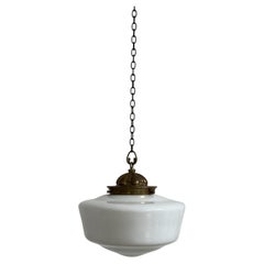 Antique Vintage Brass Church Opaline Milk White Glass Ceiling Pendant Light Lamp