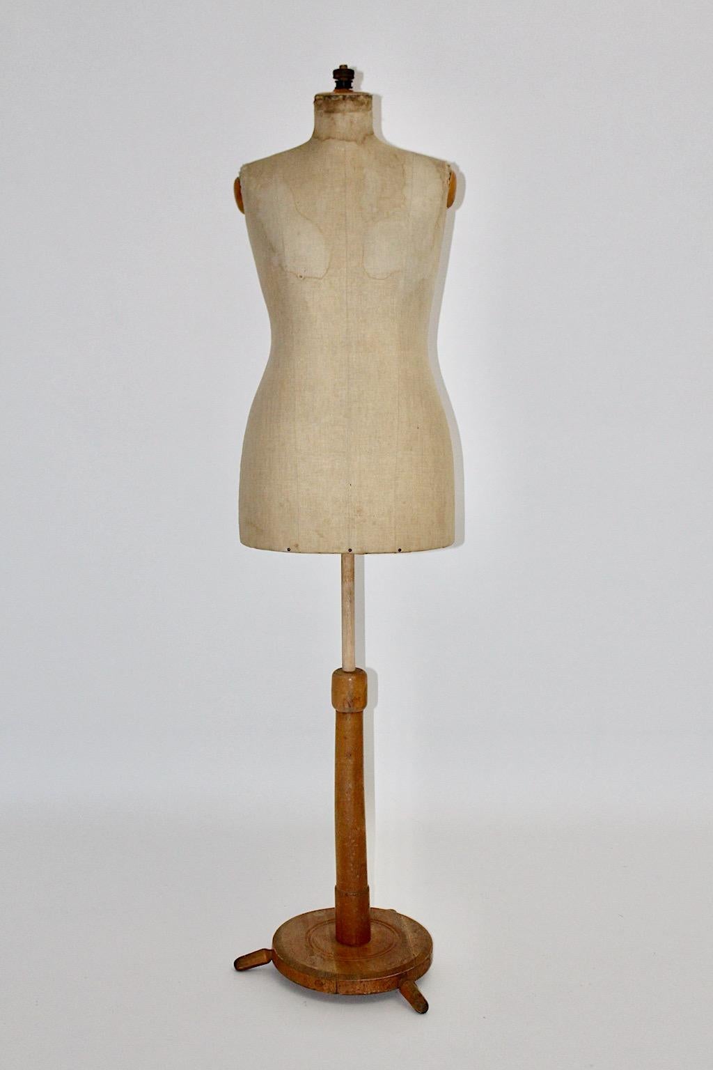 Austrian Antique Vintage Brown Beige Beech Linen Dummy Dressmaker Mannequin 1890, Austria For Sale