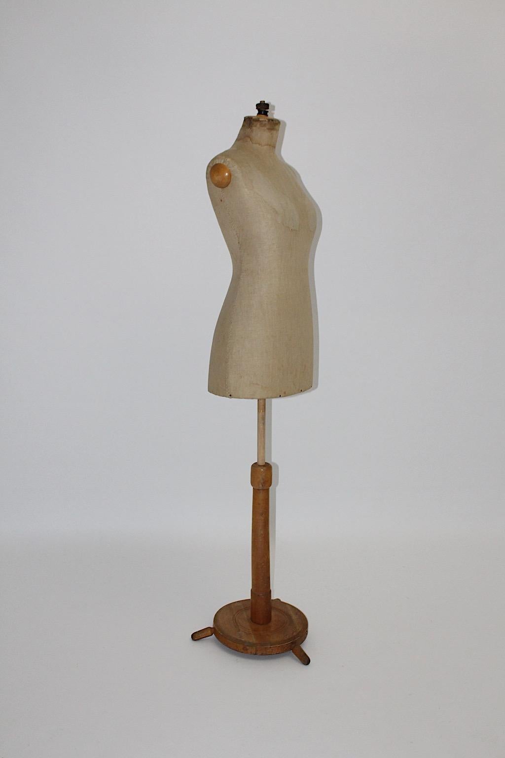 Antique Vintage Brown Beige Beech Linen Dummy Dressmaker Mannequin 1890, Austria In Fair Condition For Sale In Vienna, AT