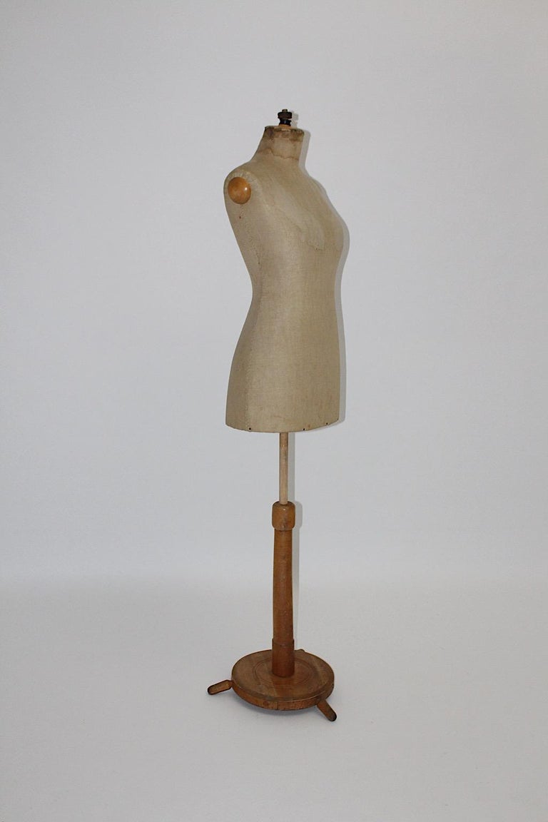Antique Vintage Brown Beige Beech Linen Dummy Dressmaker Mannequin 1890
