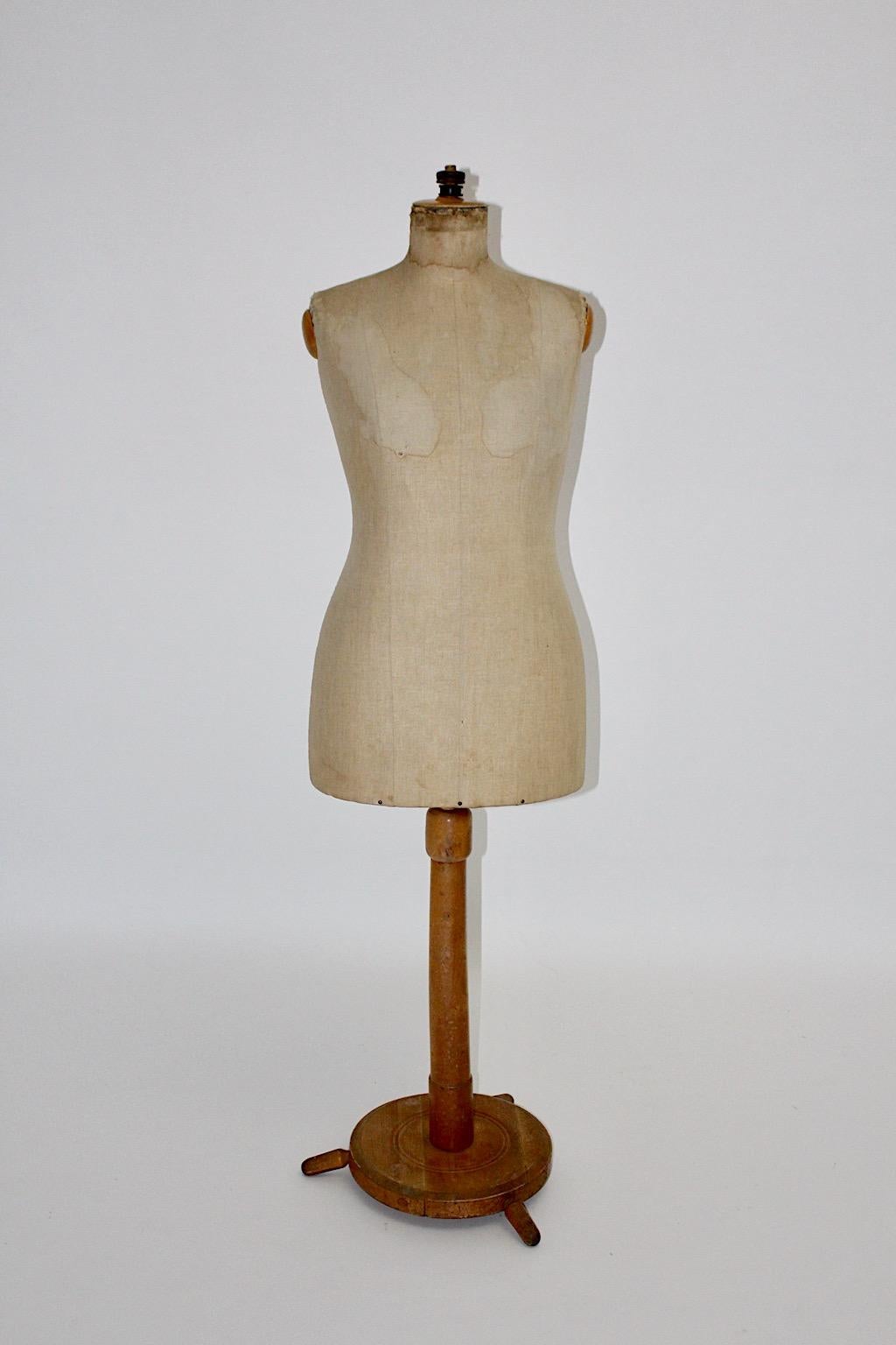 19th Century Antique Vintage Brown Beige Beech Linen Dummy Dressmaker Mannequin 1890, Austria For Sale