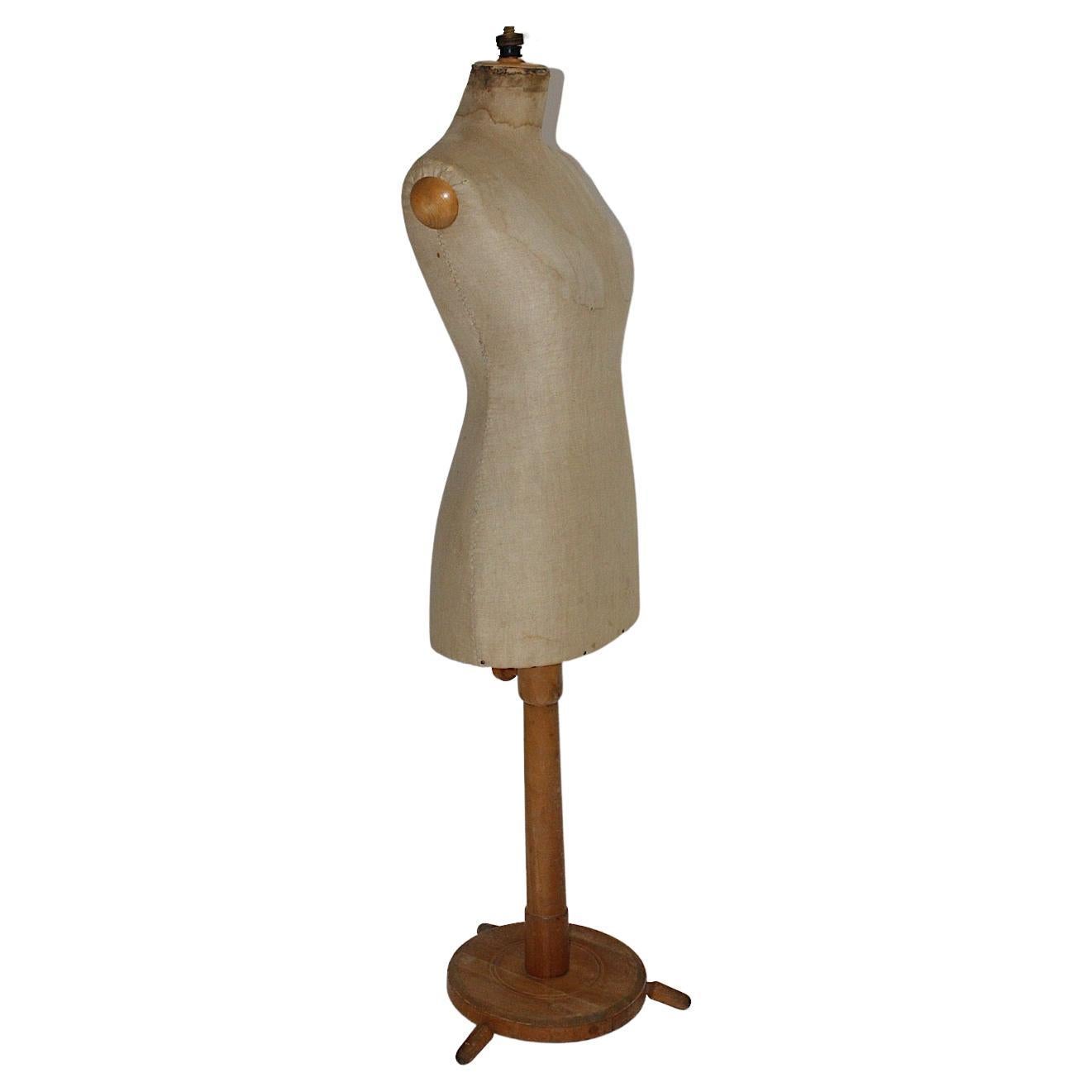 Antique Vintage Brown Beige Beech Linen Dummy Dressmaker Mannequin
