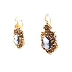 Antique Vintage Cameo Drop Earrings in 20K Yellow Gold