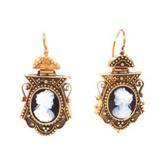 Antique Vintage Cameo Drop Earrings in 20K Yellow Gold