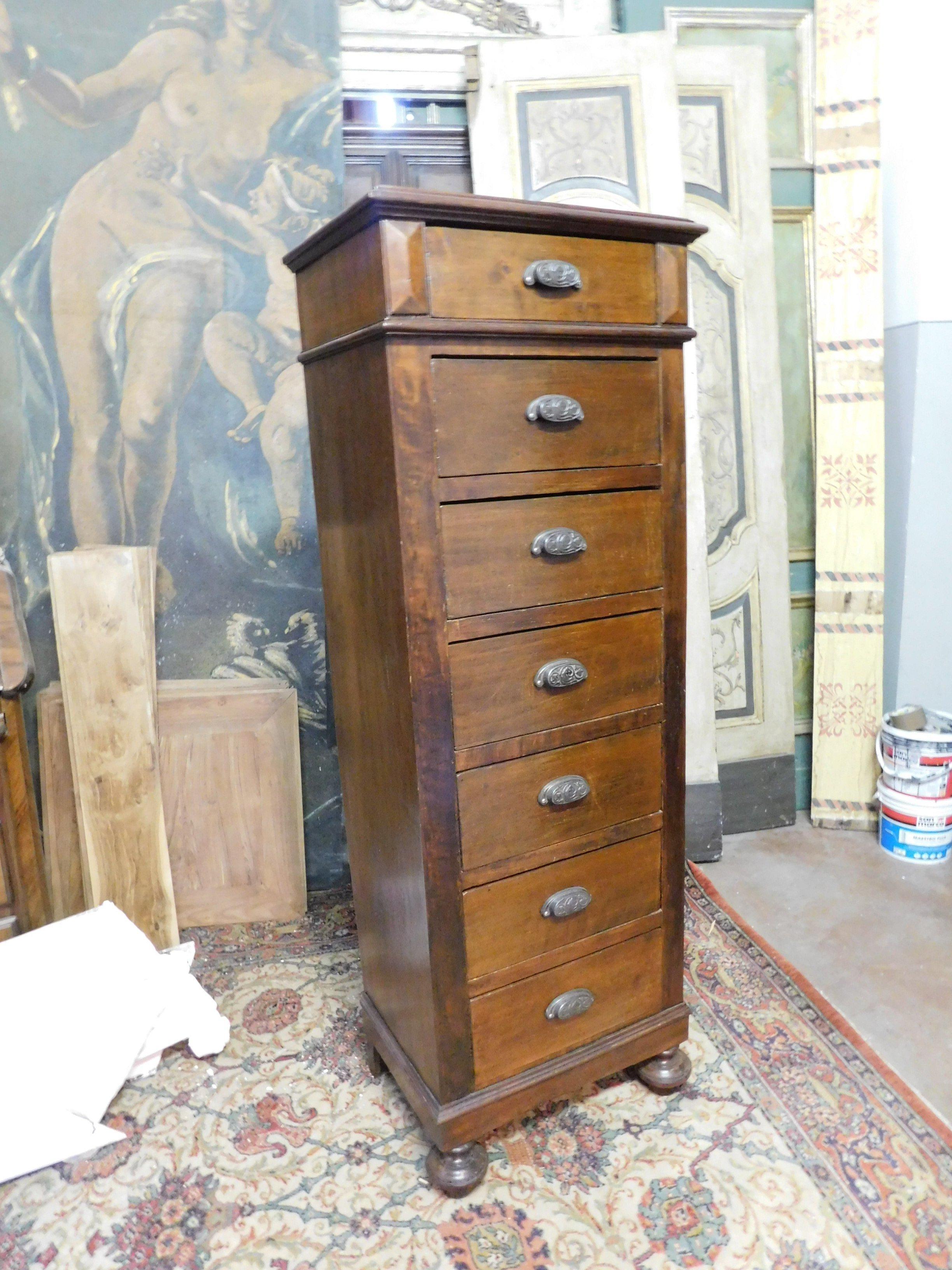 Italian Antique Vintage Chest of Drawers, Weekly Cabinet, Brown Walnut, '800, Italy