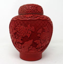 Antique Vintage Chinese Carved Cinnabar Bowl Ginger Jar Centerpiece Midcentury