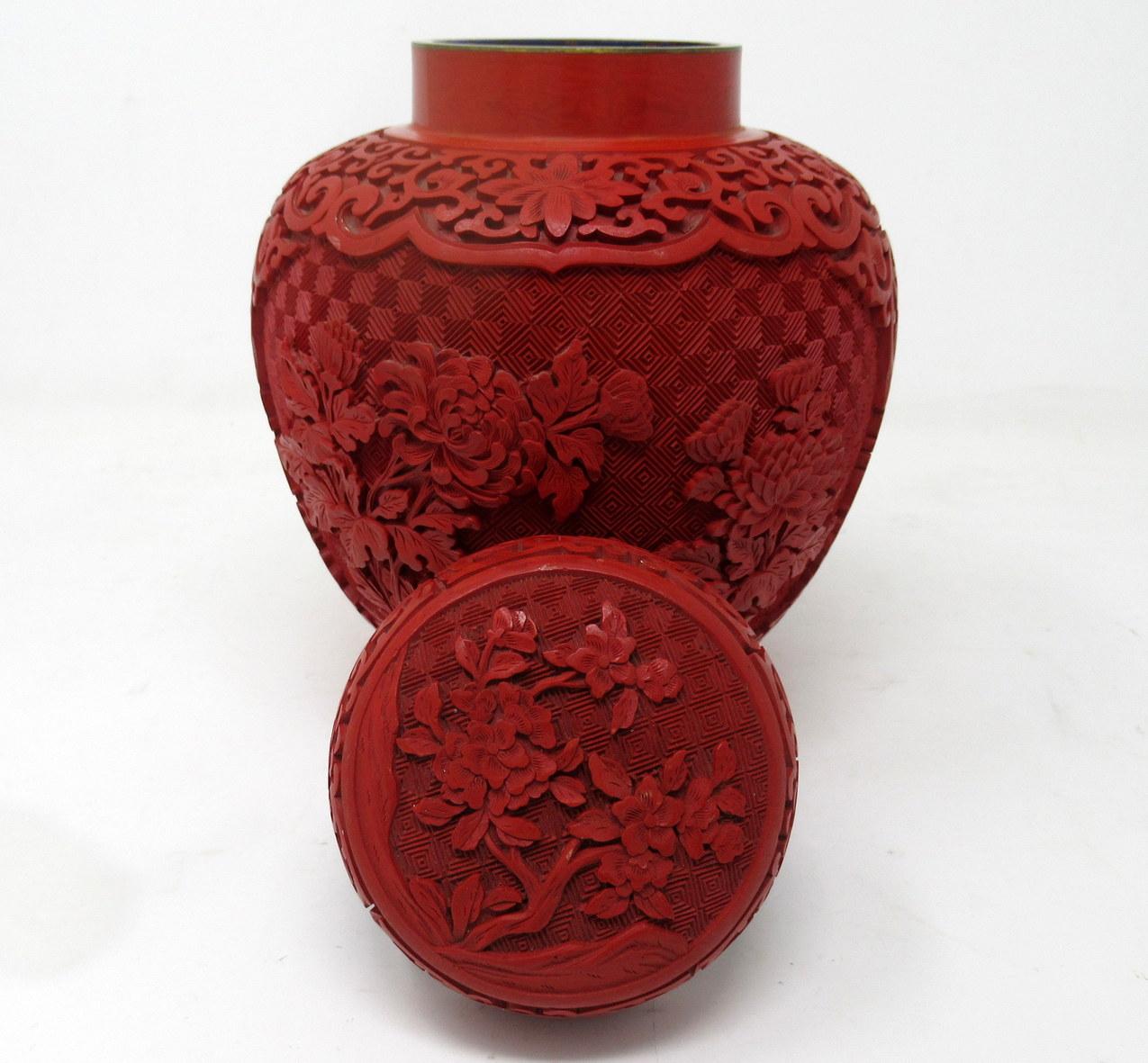 Art Deco Antique Vintage Chinese Carved Cinnabar Bowl Ginger Jar Centerpiece Midcentury