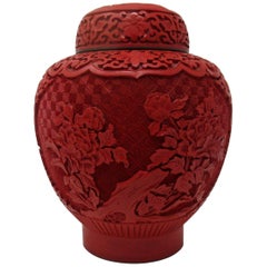 Antique Vintage Chinese Carved Cinnabar Bowl Ginger Jar Centerpiece Midcentury