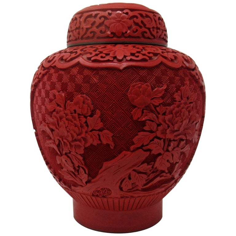 Antique Vintage Chinese Carved Cinnabar Bowl Ginger Jar Centerpiece  Midcentury at 1stDibs