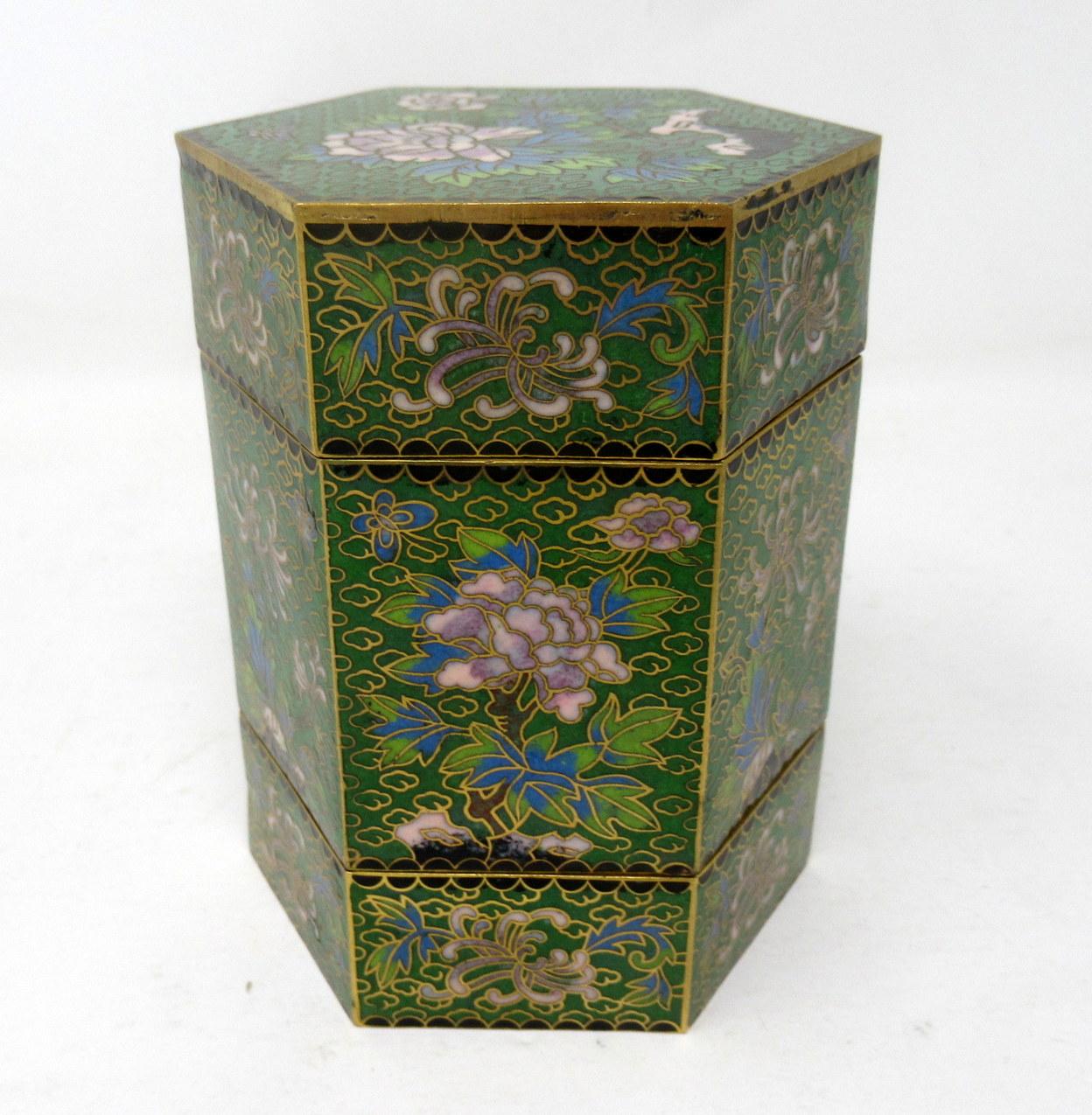 Chinese Export Antique Vintage Chinese Japanese Cloisonne Enamel Octagonal Canister Jar Box