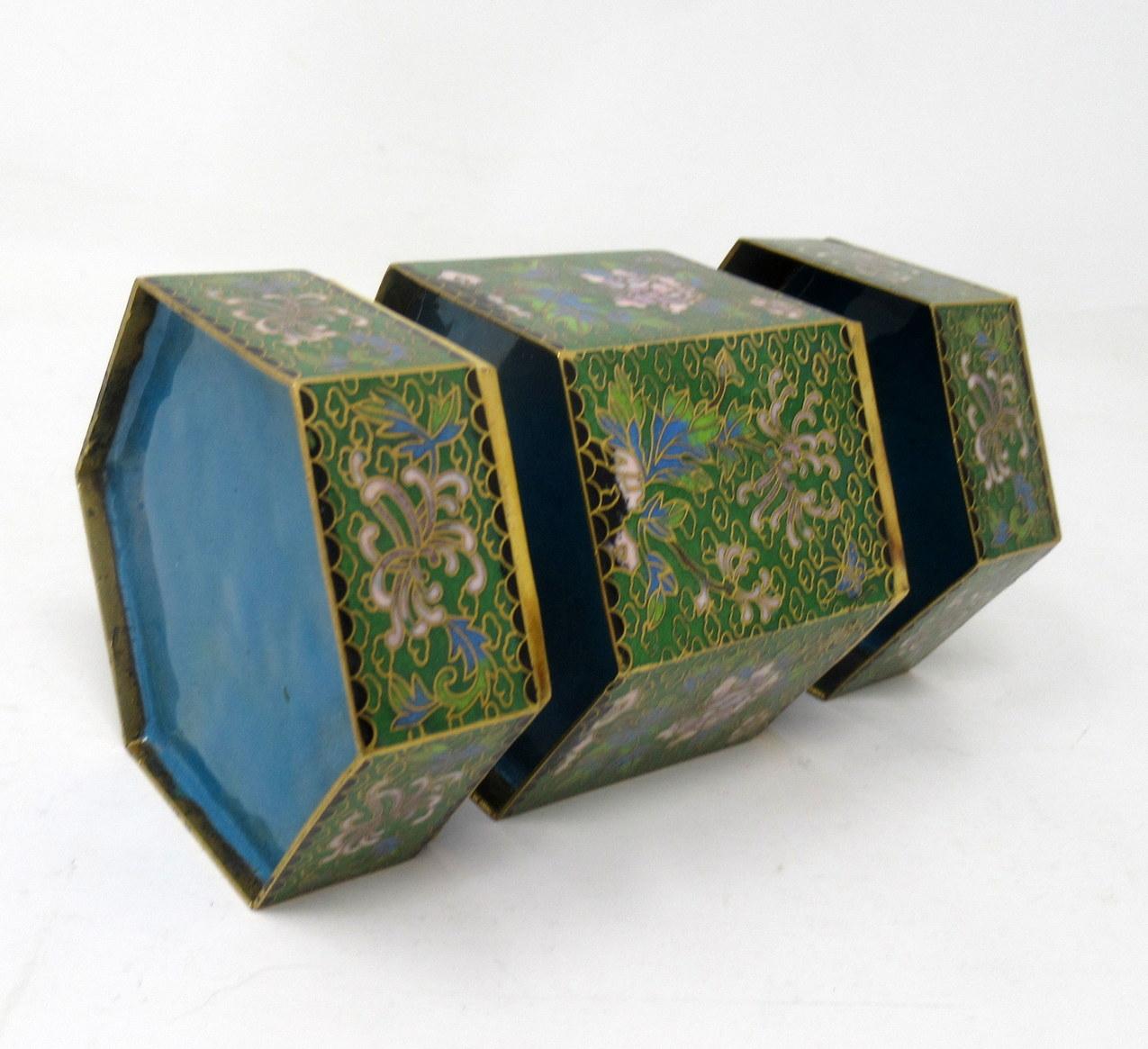 Brass Antique Vintage Chinese Japanese Cloisonne Enamel Octagonal Canister Jar Box