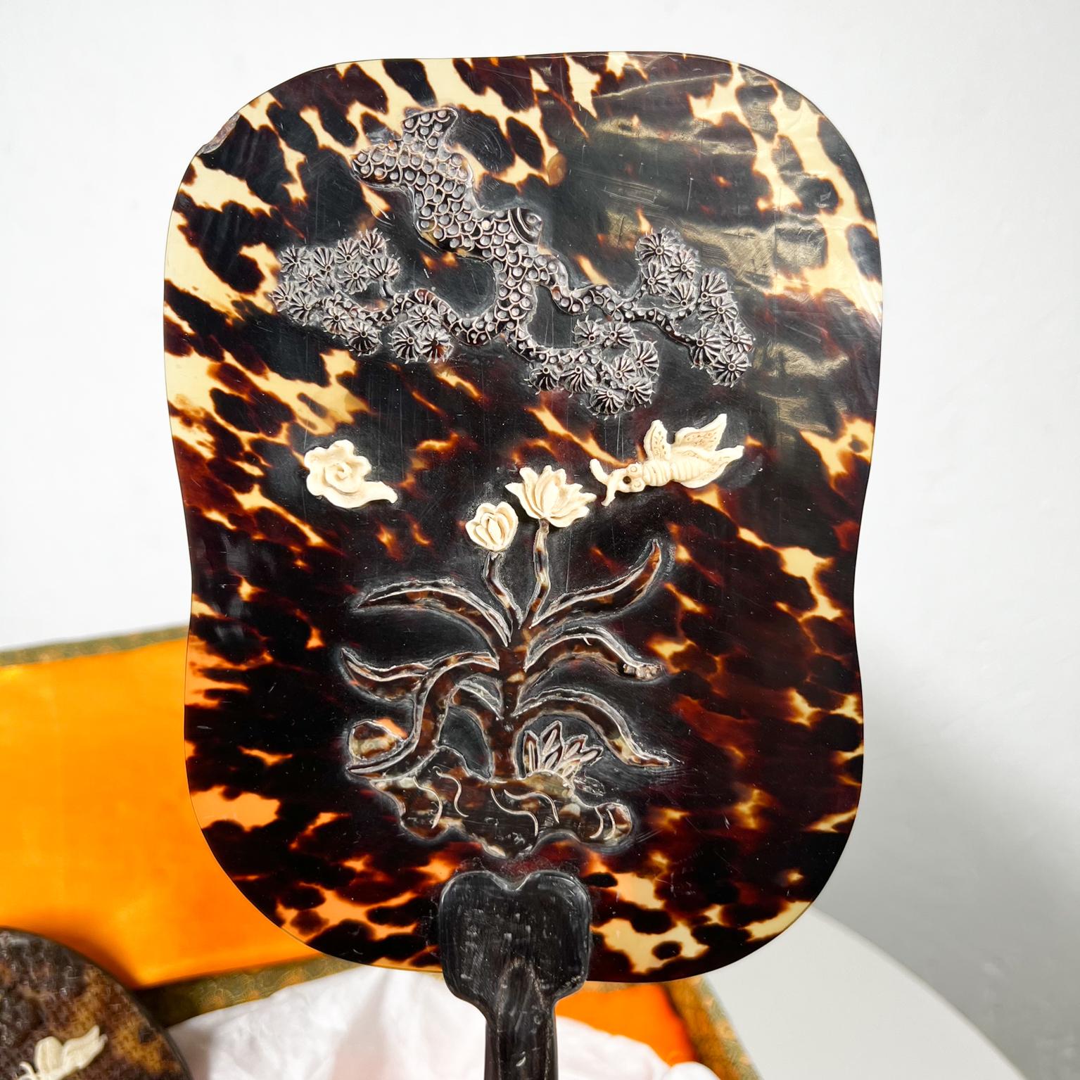 Antique Vintage Chinese Rigid Hand Fans Decorated Tortoise Shell 2