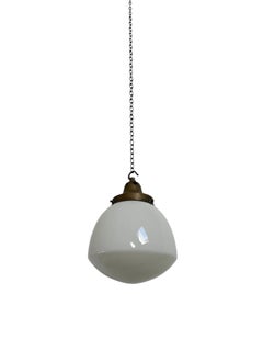 Antique Vintage Church Opaline Milk Glass Oval Brass Ceiling Pendant Light Lamp