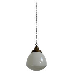 Antique Vintage Church Opaline Milk Glass Oval Brass Ceiling Pendant Light Lamp