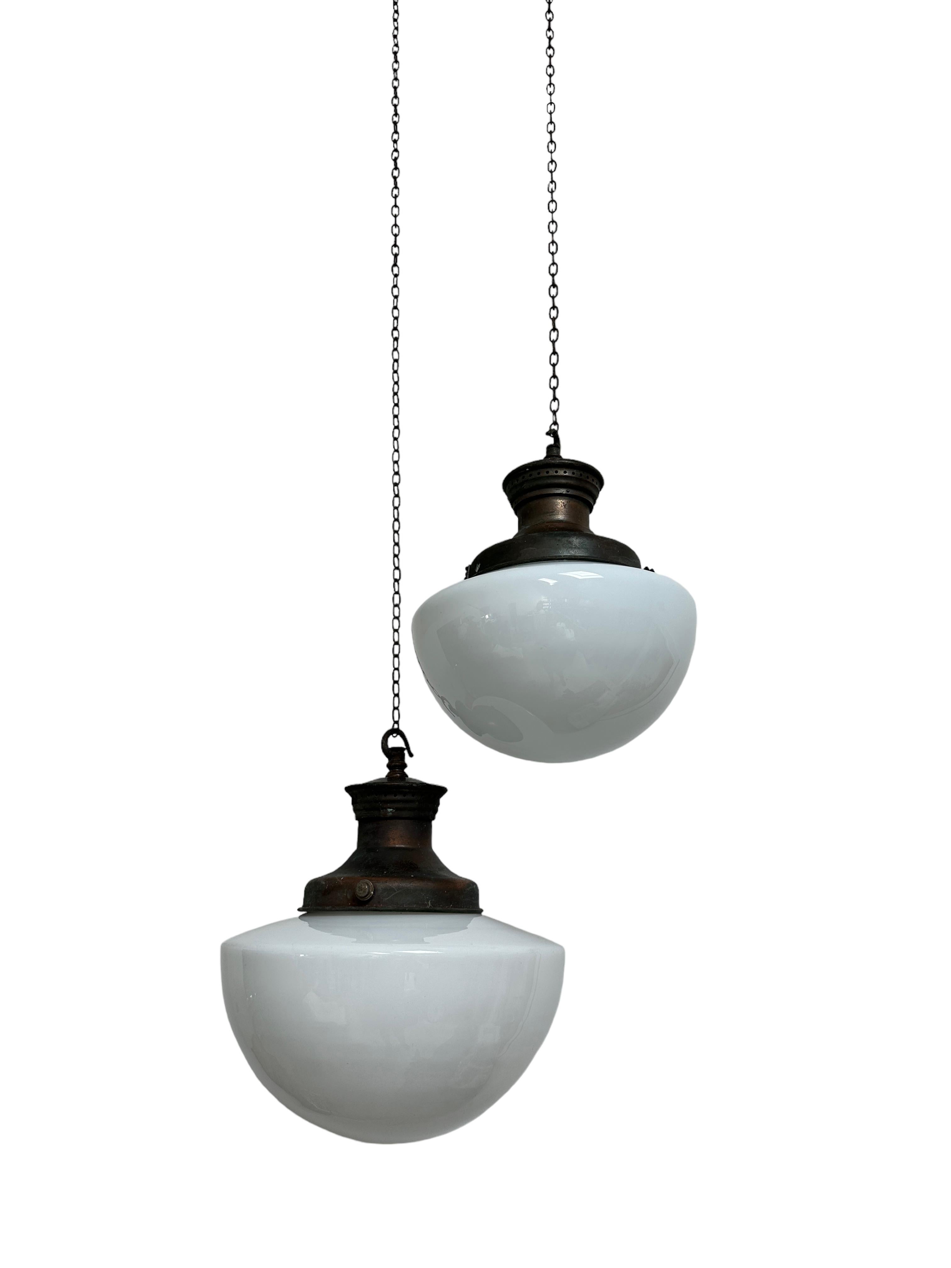- A beautiful church opaline pendant light with patinated decorative gallery, England circa 1930.
- Wear commensurate with age, all in very good condition, lovely deep oval shape to the opaline glass and the gallery is unique in the fact that it is