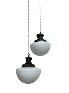 Antique Vintage Church Opaline Oval Milk Glass Copper Ceiling Light Pendant Lamp