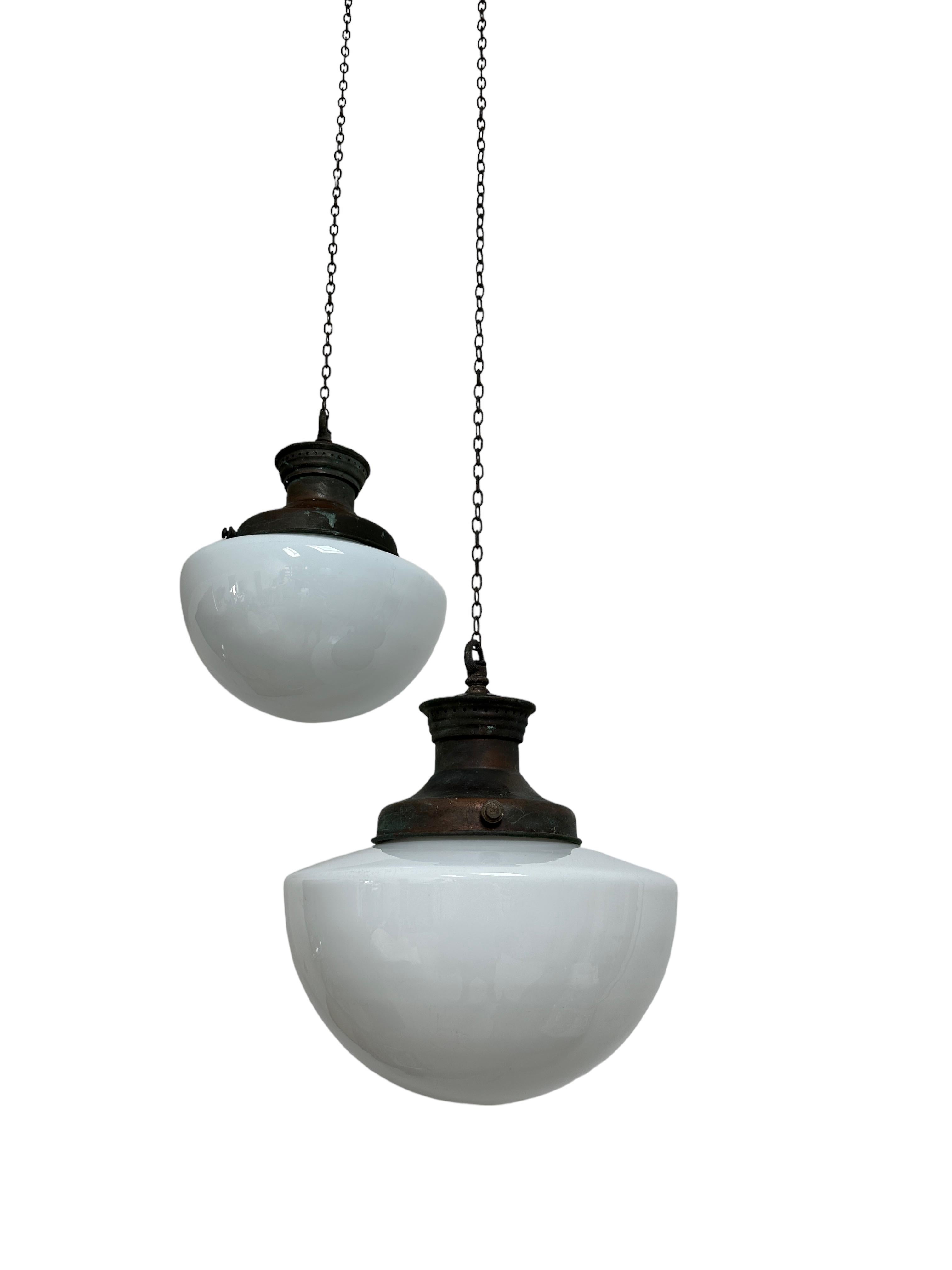 British Antique Vintage Church Opaline Oval Milk Glass Copper Ceiling Light Pendant Lamp
