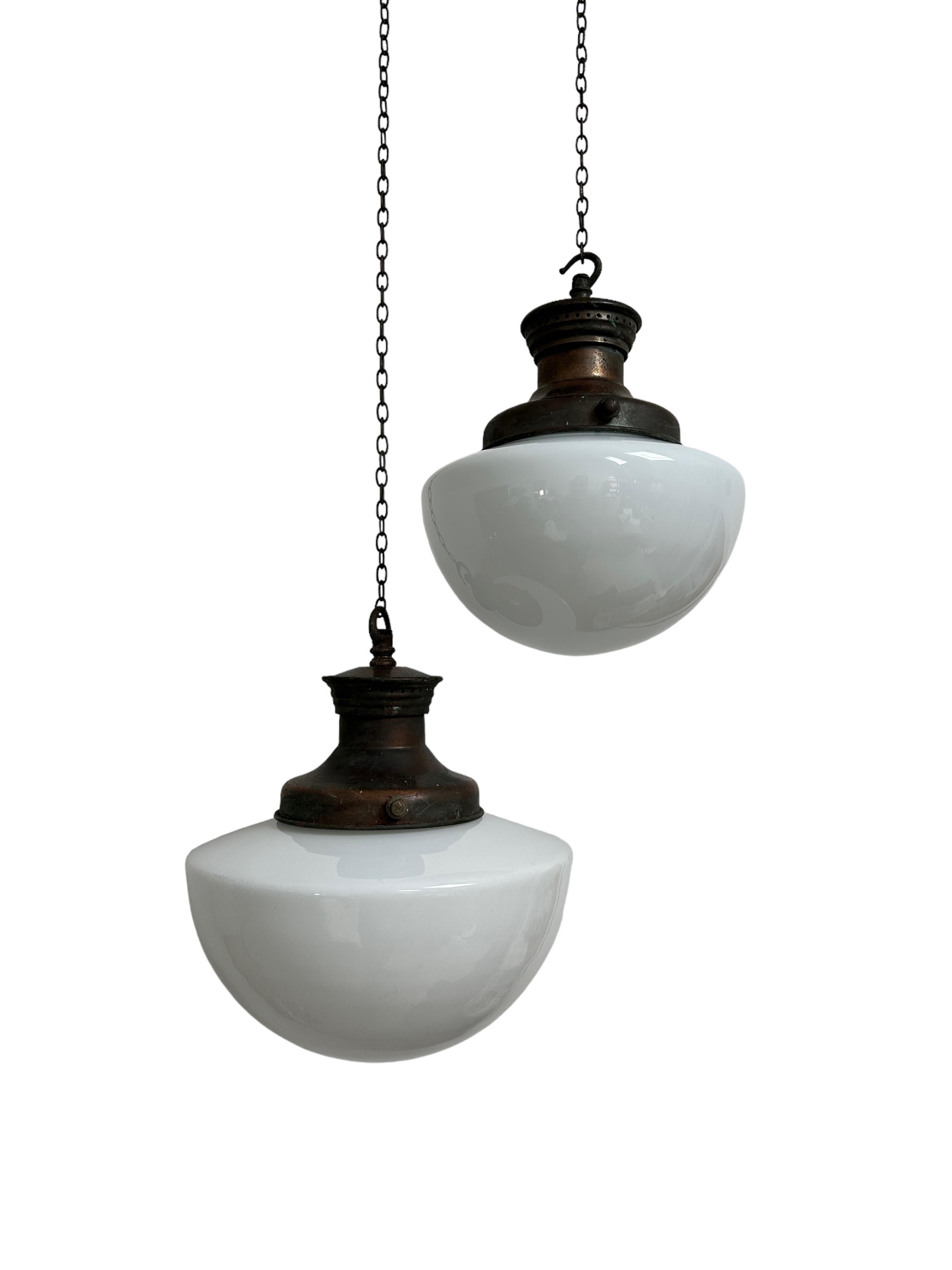 Antique Vintage Church Opaline Oval Milk Glass Copper Ceiling Light Pendant Lamp In Good Condition In Sale, GB