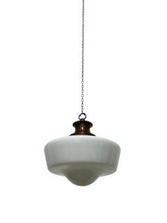 Antique Vintage Copper Church Opaline Milk Glass Ceiling Pendant Light Lamp