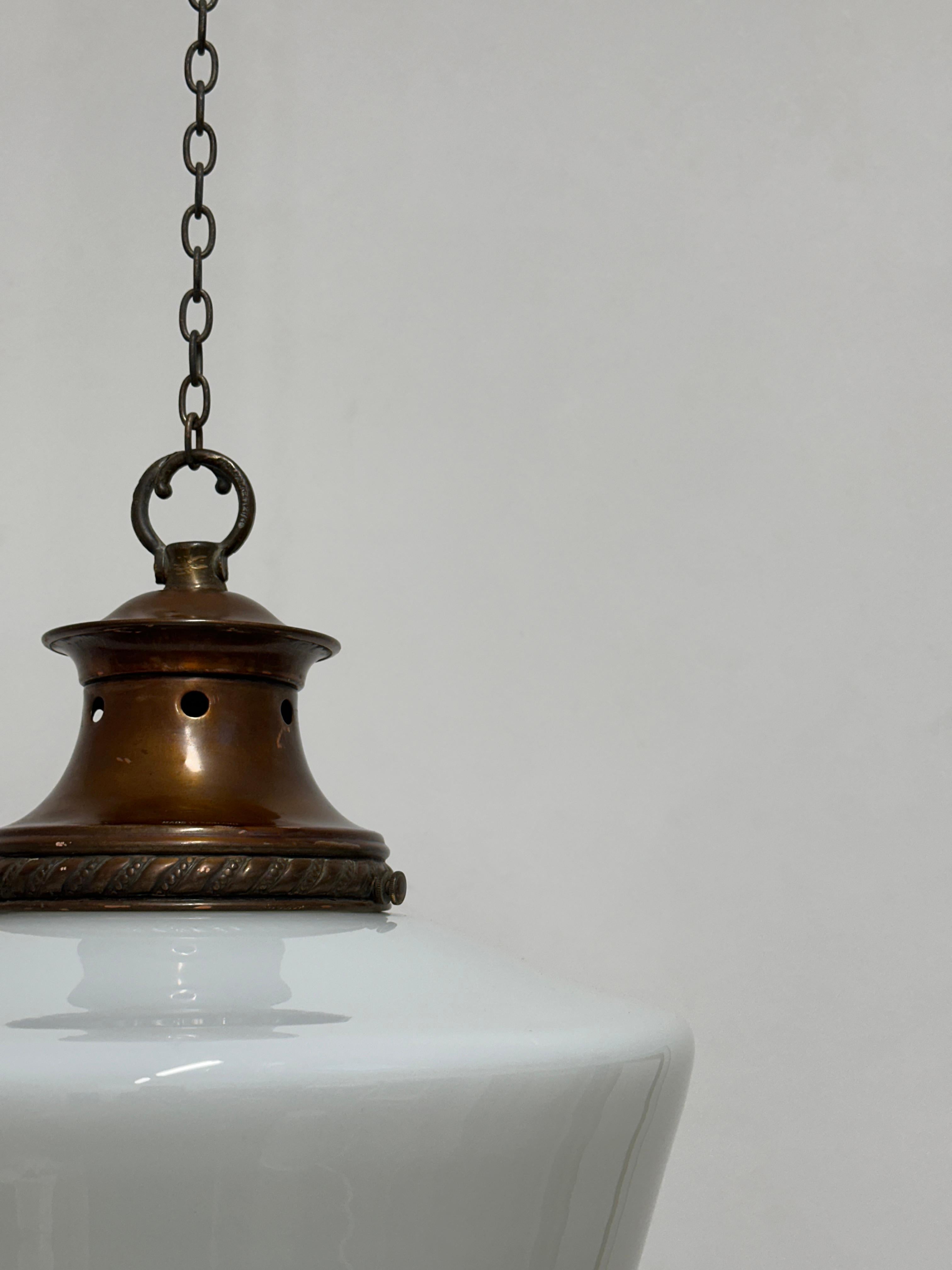 English Antique Vintage Copper Church Opaline Milk Glass Ceiling Pendant Light Lamp For Sale