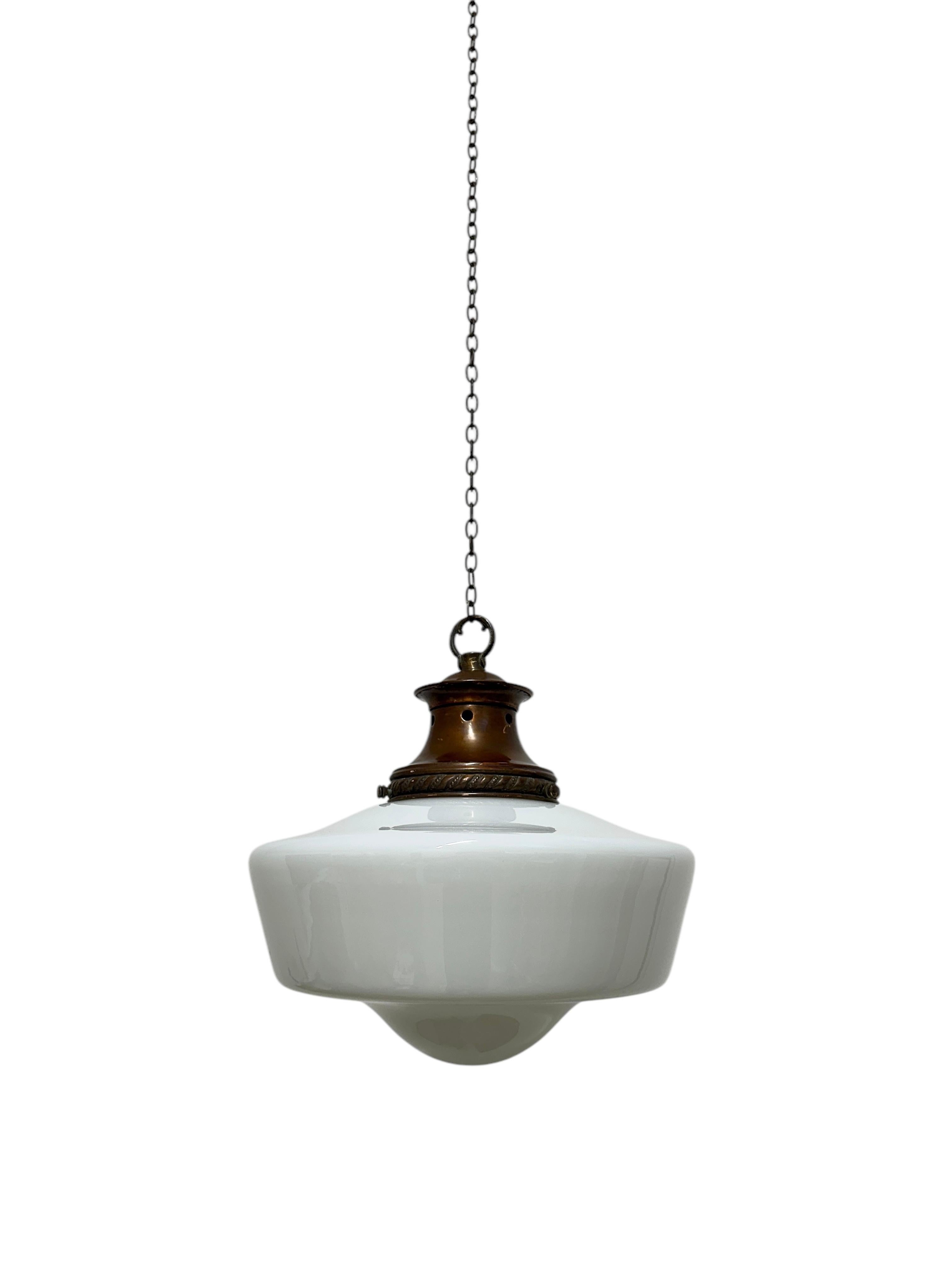 Antique Vintage Copper Church Opaline Milk Glass Ceiling Pendant Light Lamp In Good Condition For Sale In Sale, GB