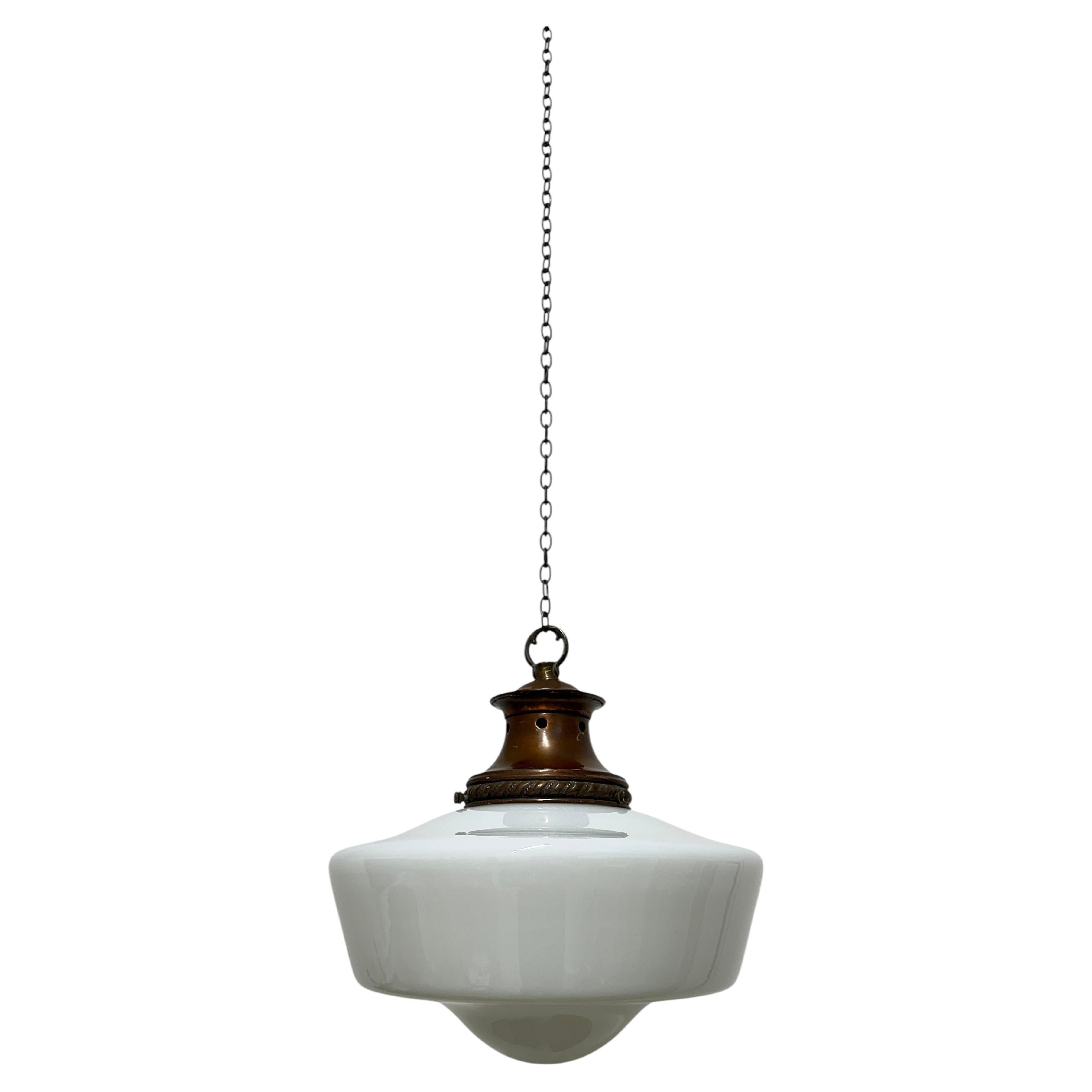 Antique Vintage Copper Church Opaline Milk Glass Ceiling Pendant Light Lamp
