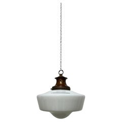 Antique Vintage Copper Church Opaline Milk Glass Ceiling Pendant Light Lamp