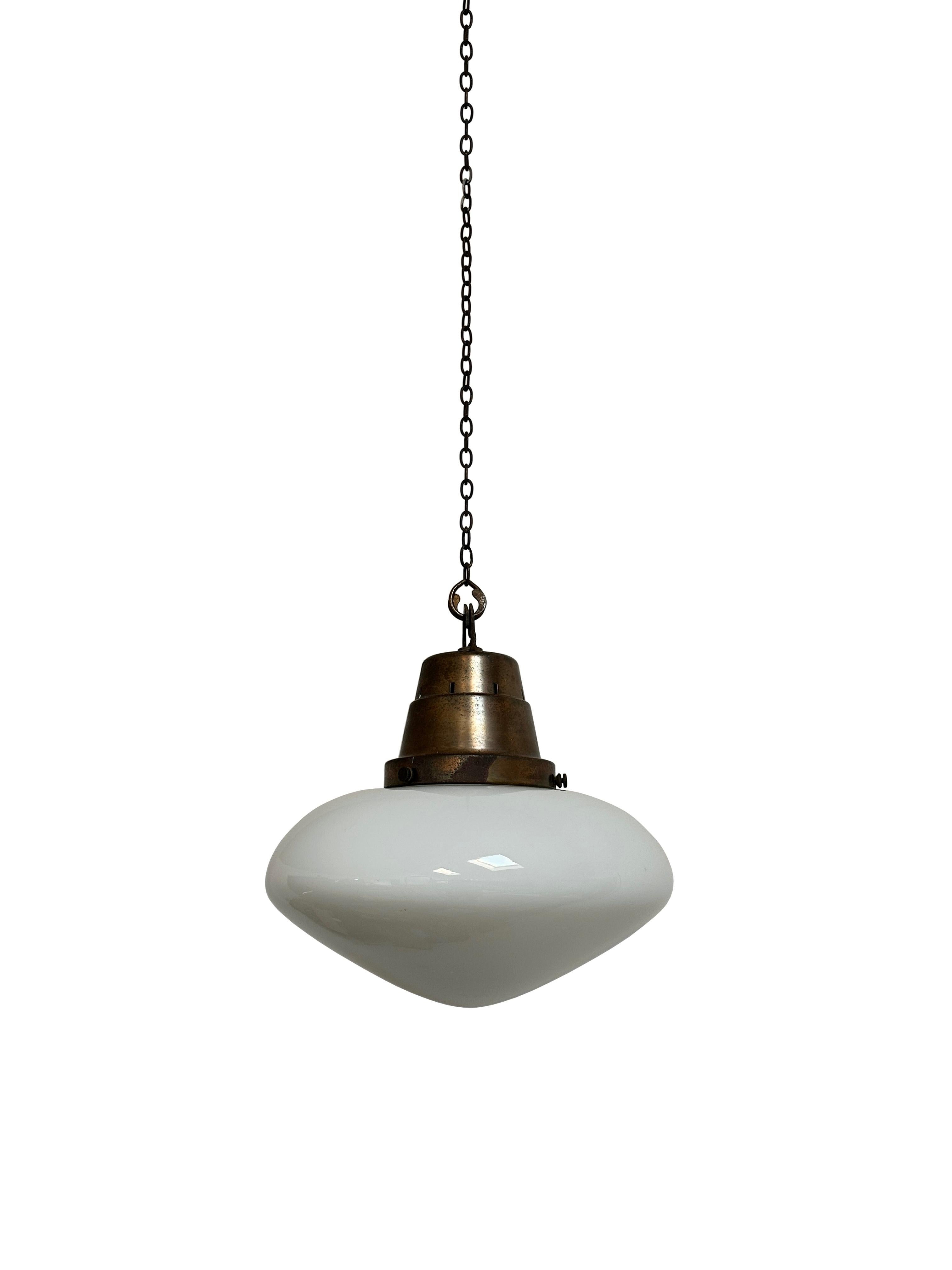 British Antique Vintage Copper Ovaloid Opaline Milk Glass Ceiling Pendant Light Lamp For Sale