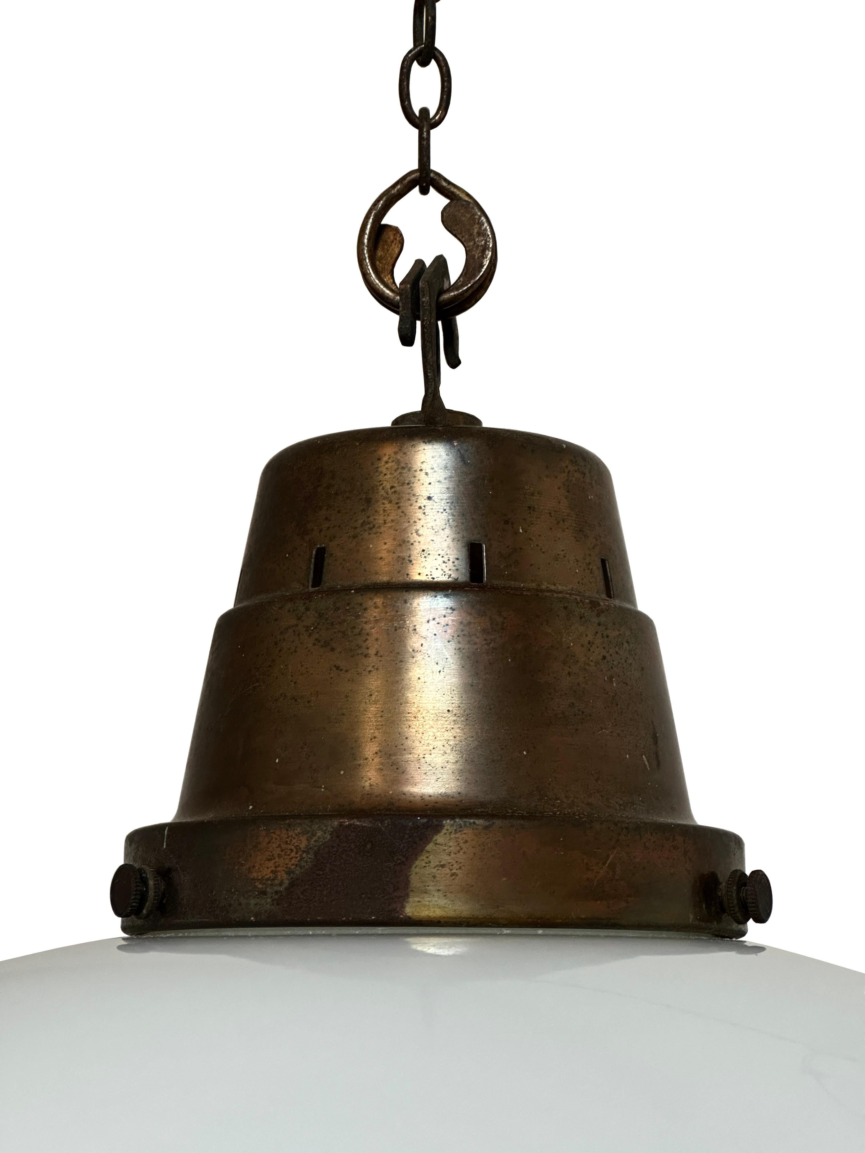 Antique Vintage Copper Ovaloid Opaline Milk Glass Ceiling Pendant Light Lamp In Good Condition For Sale In Sale, GB