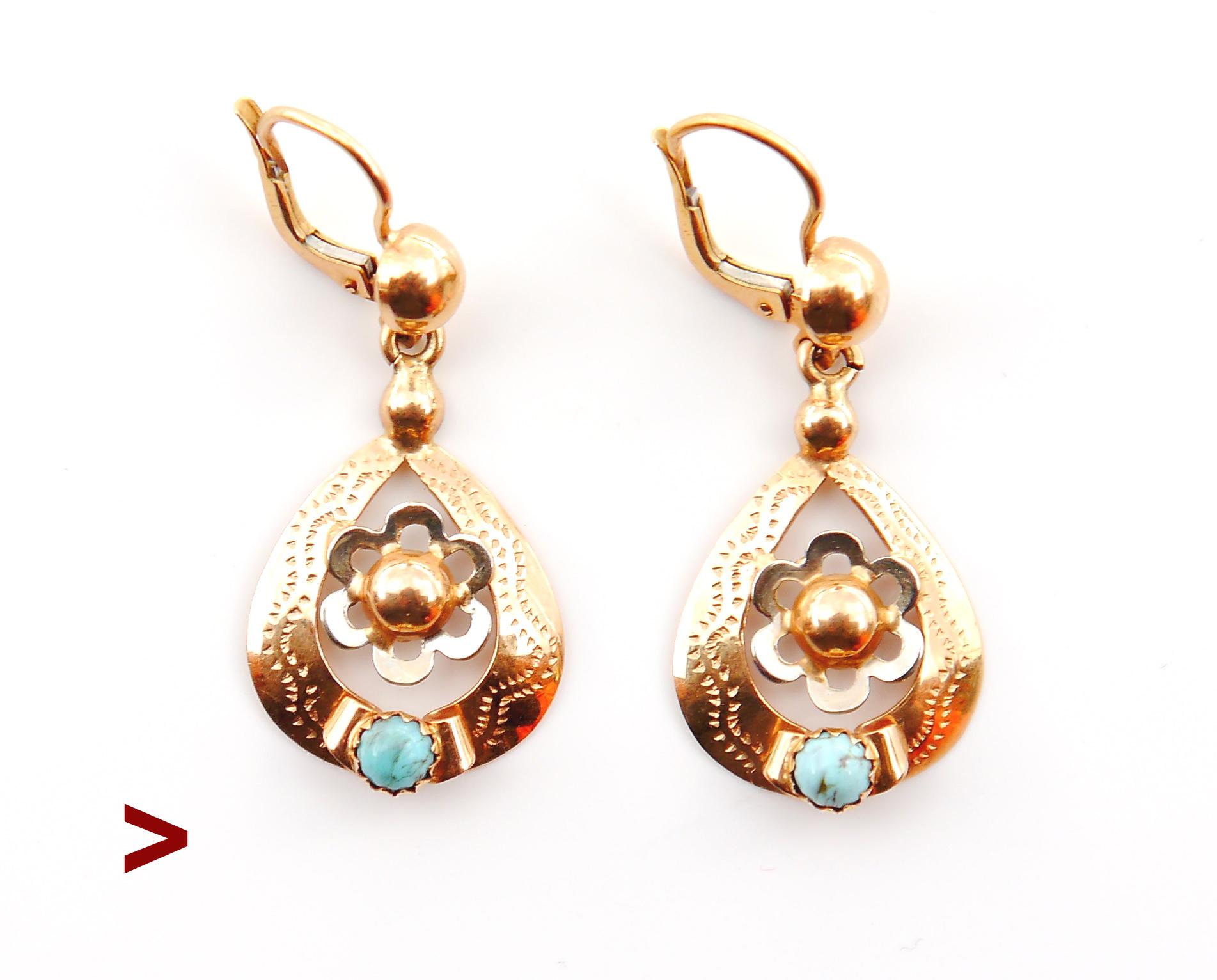 Retro Antique Vintage Dangle Earrings natural Turquoise solid 18K Gold /4.8gr For Sale