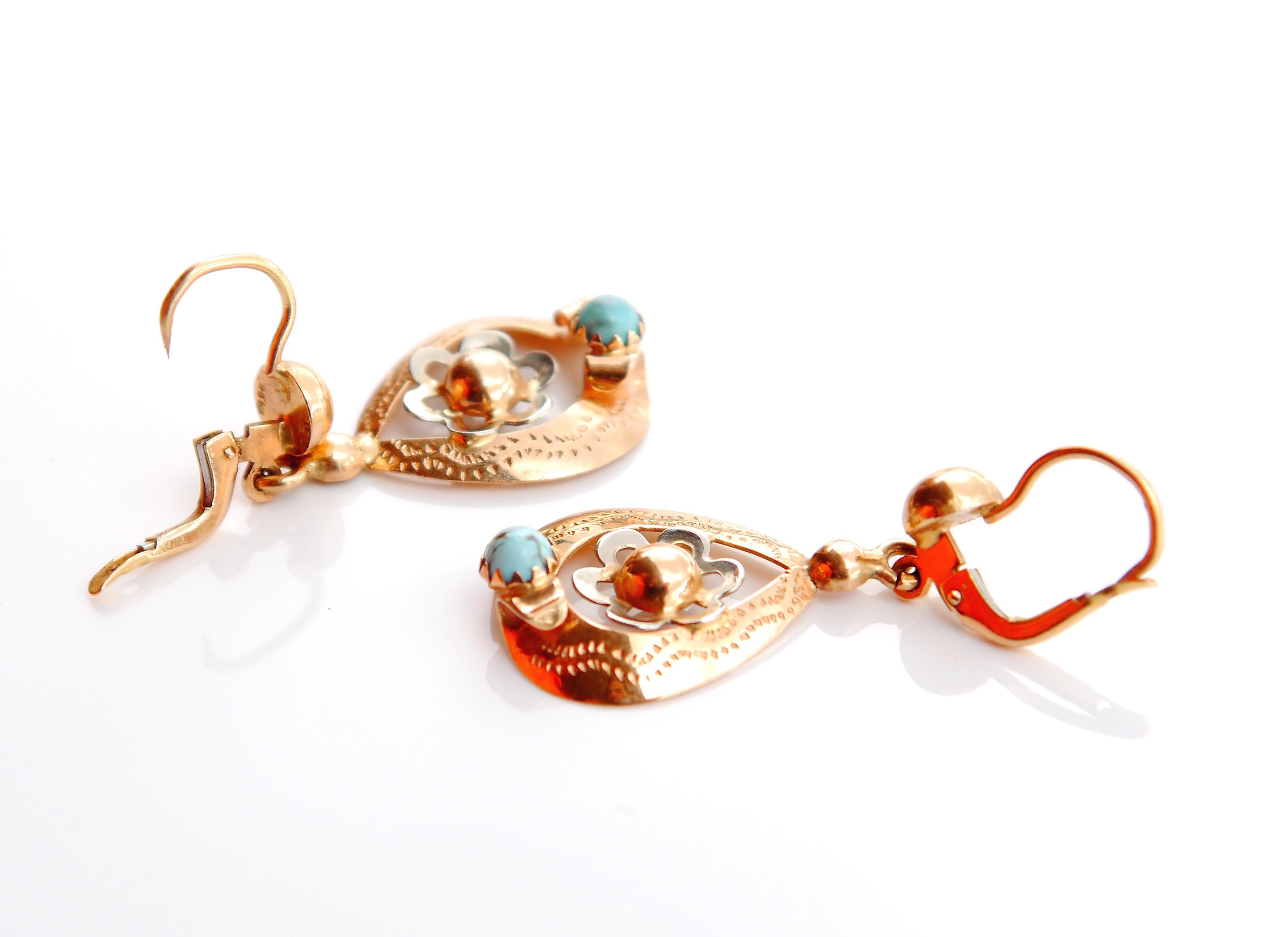 Women's Antique Vintage Dangle Earrings natural Turquoise solid 18K Gold /4.8gr For Sale