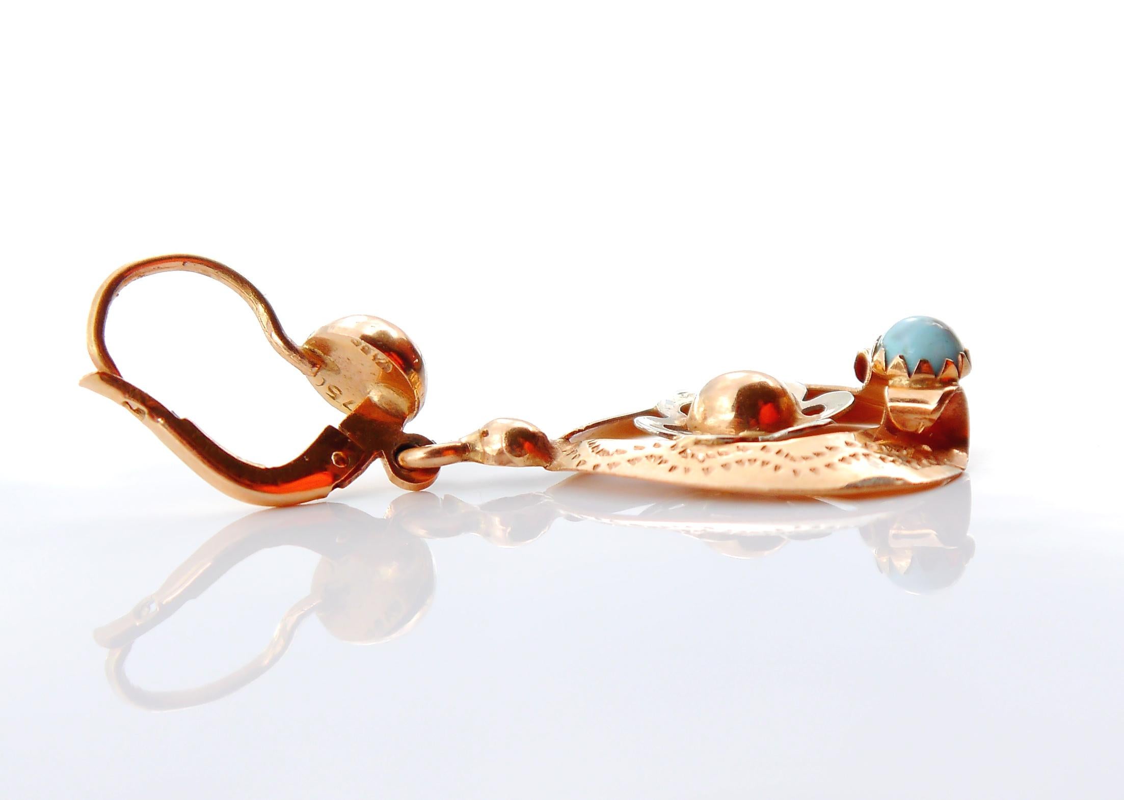 Antique Vintage Dangle Earrings natural Turquoise solid 18K Gold /4.8gr For Sale 2