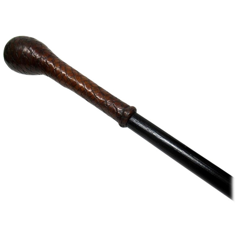 Antique Vintage Ebonized Walking Stick Cane Pistol Grip Leather Handled