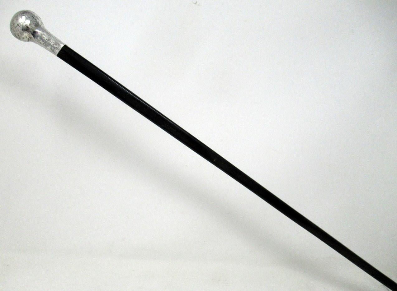 Embossed Antique Vintage Ebony Walking Stick Cane John Taylor Sterling Silver Mount, 1920