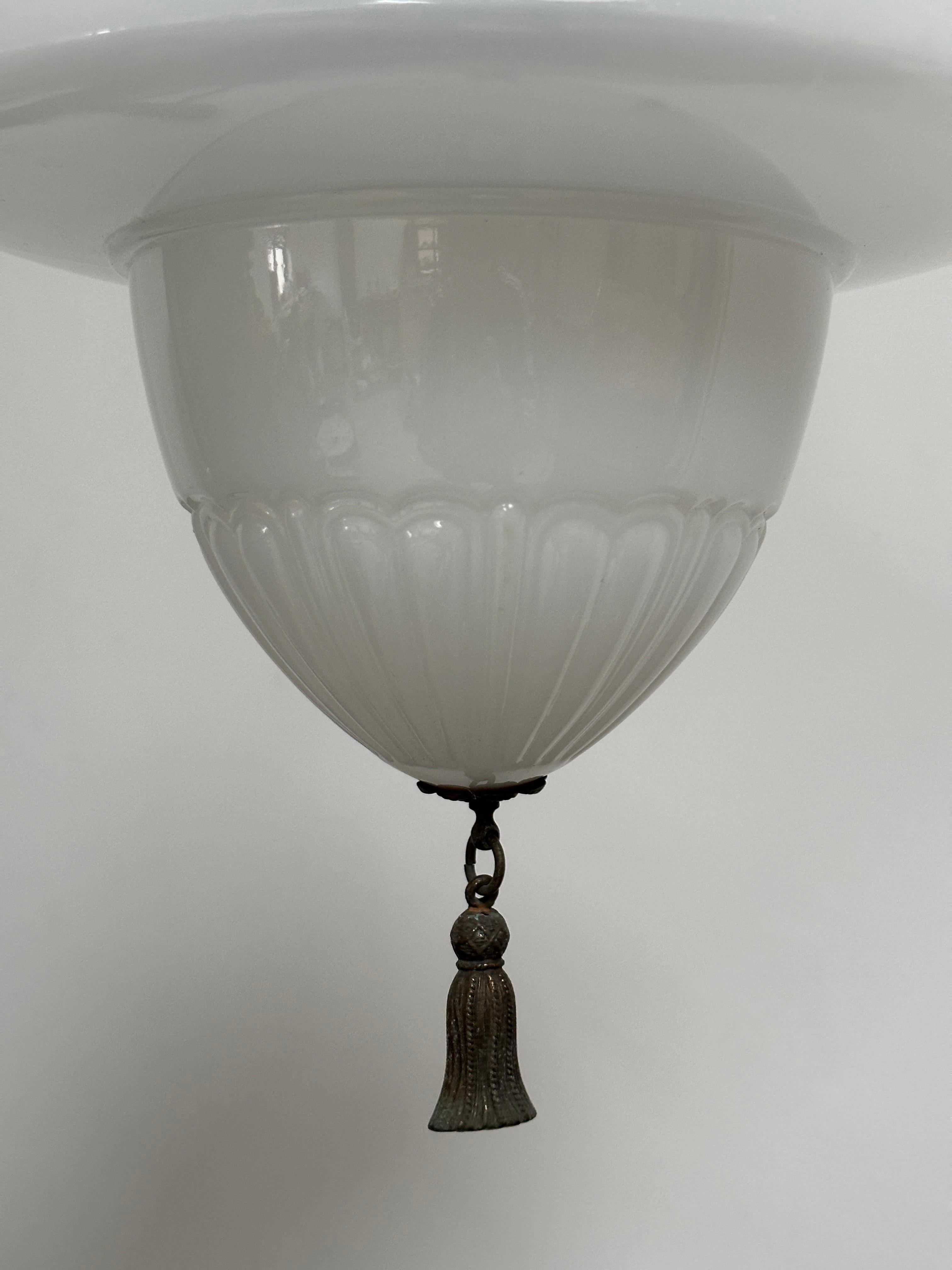 British Antique Vintage Edwardian Acorn Church Opaline Milk Glass Ceiling Pendant Light For Sale