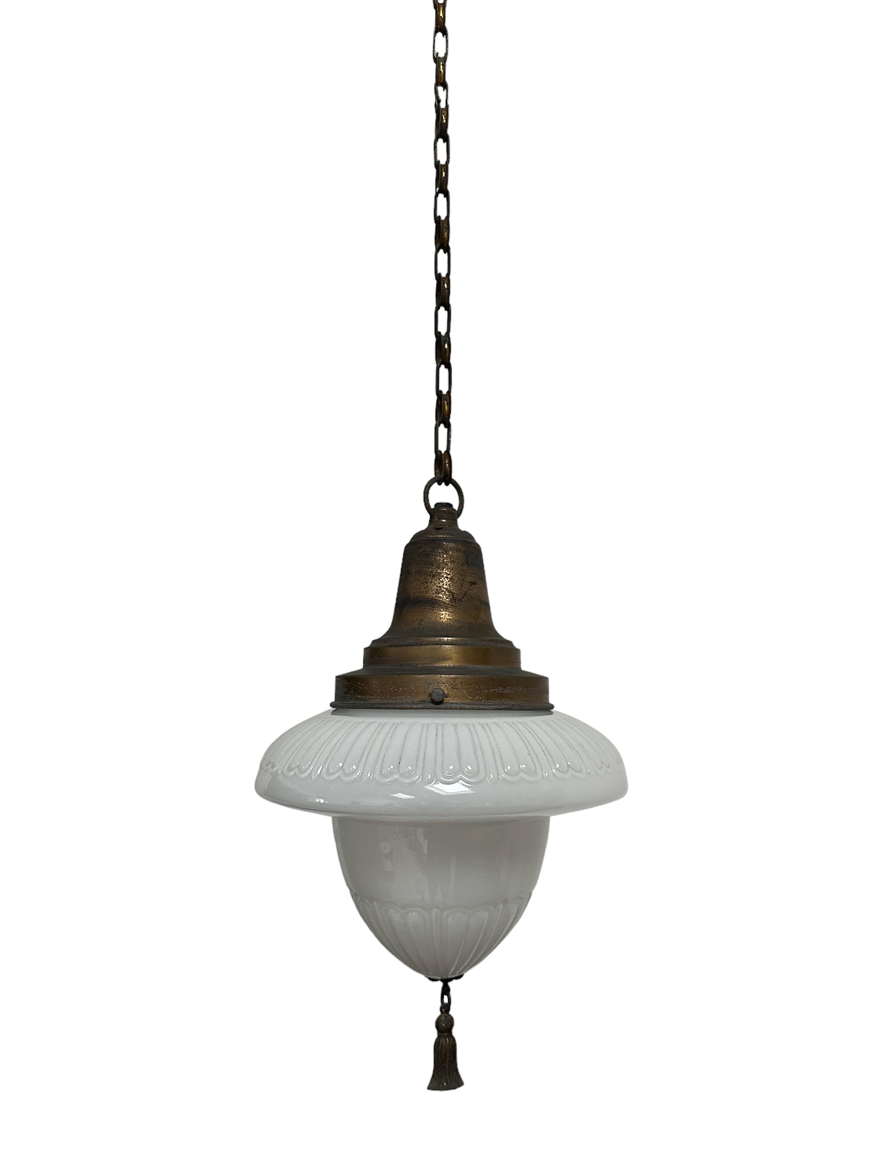 Antique Vintage Edwardian Acorn Church Opaline Milk Glass Ceiling Pendant Light In Good Condition For Sale In Sale, GB