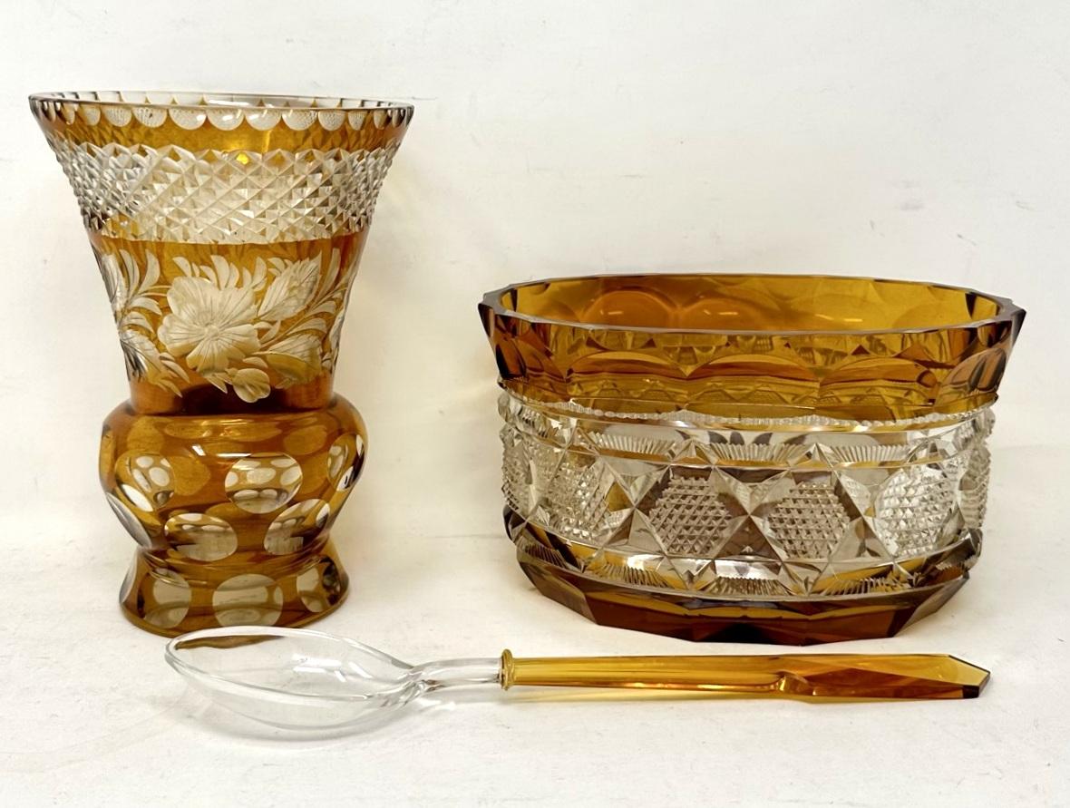 Antique Vintage Edwardian Bohemian Handcut Crystal Amber Vase Bowl Centerpiece 4