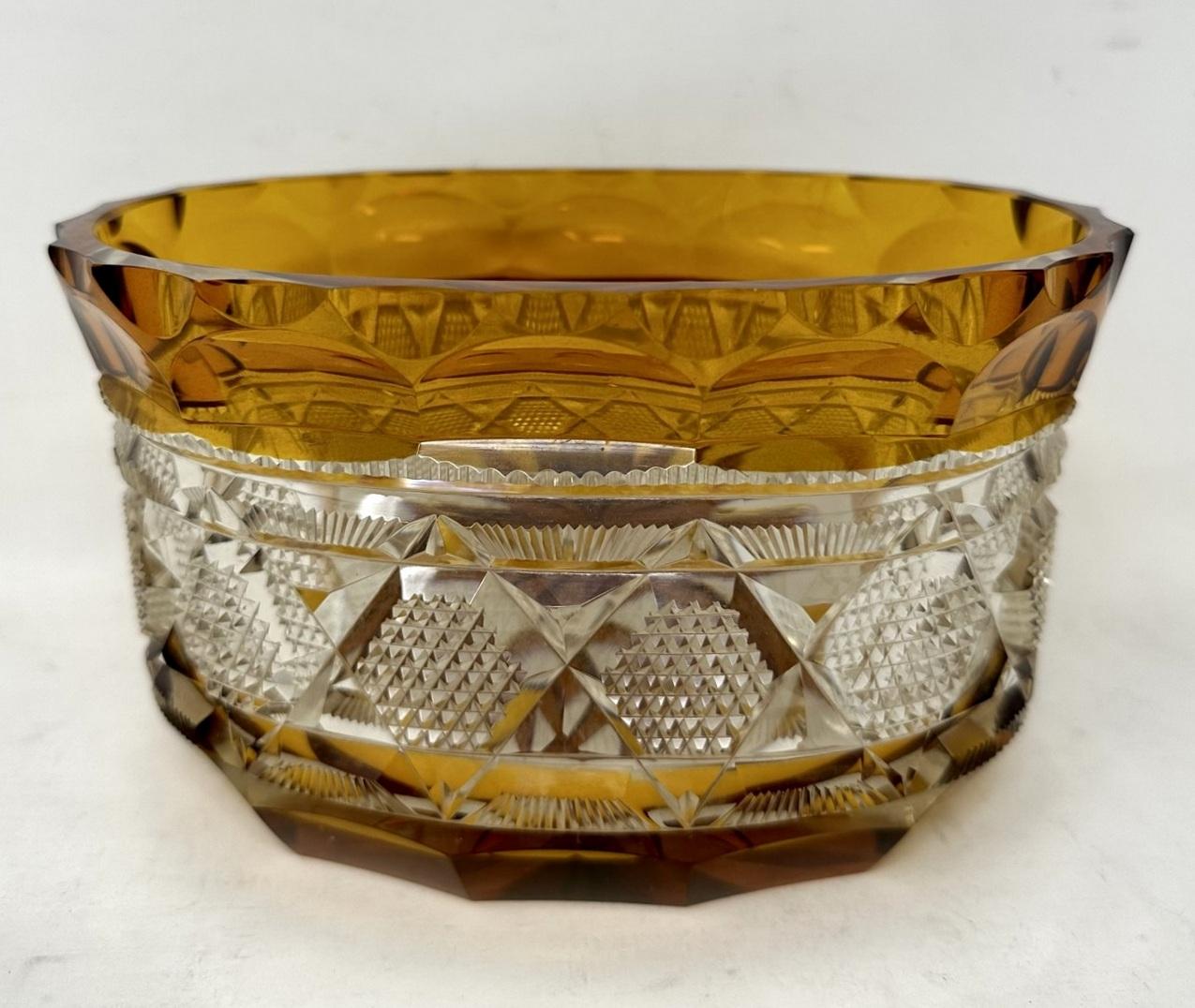 Antique Vintage Edwardian Bohemian Handcut Crystal Amber Vase Bowl Centerpiece In Good Condition In Dublin, Ireland