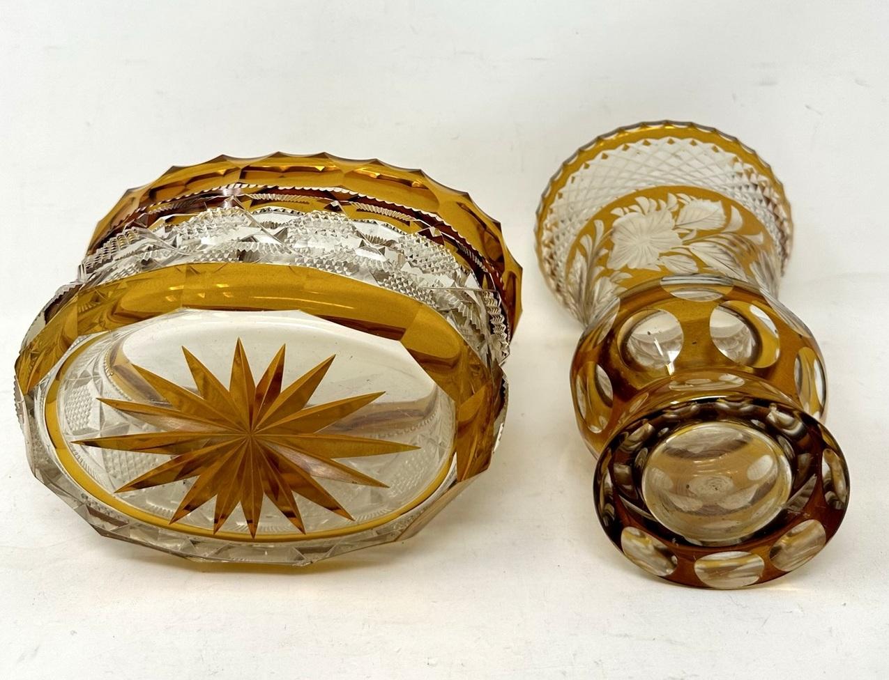 Antique Vintage Edwardian Bohemian Handcut Crystal Amber Vase Bowl Centerpiece 1