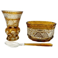 Antique Vintage Edwardian Bohemian Handcut Crystal Amber Vase Bowl Centerpiece