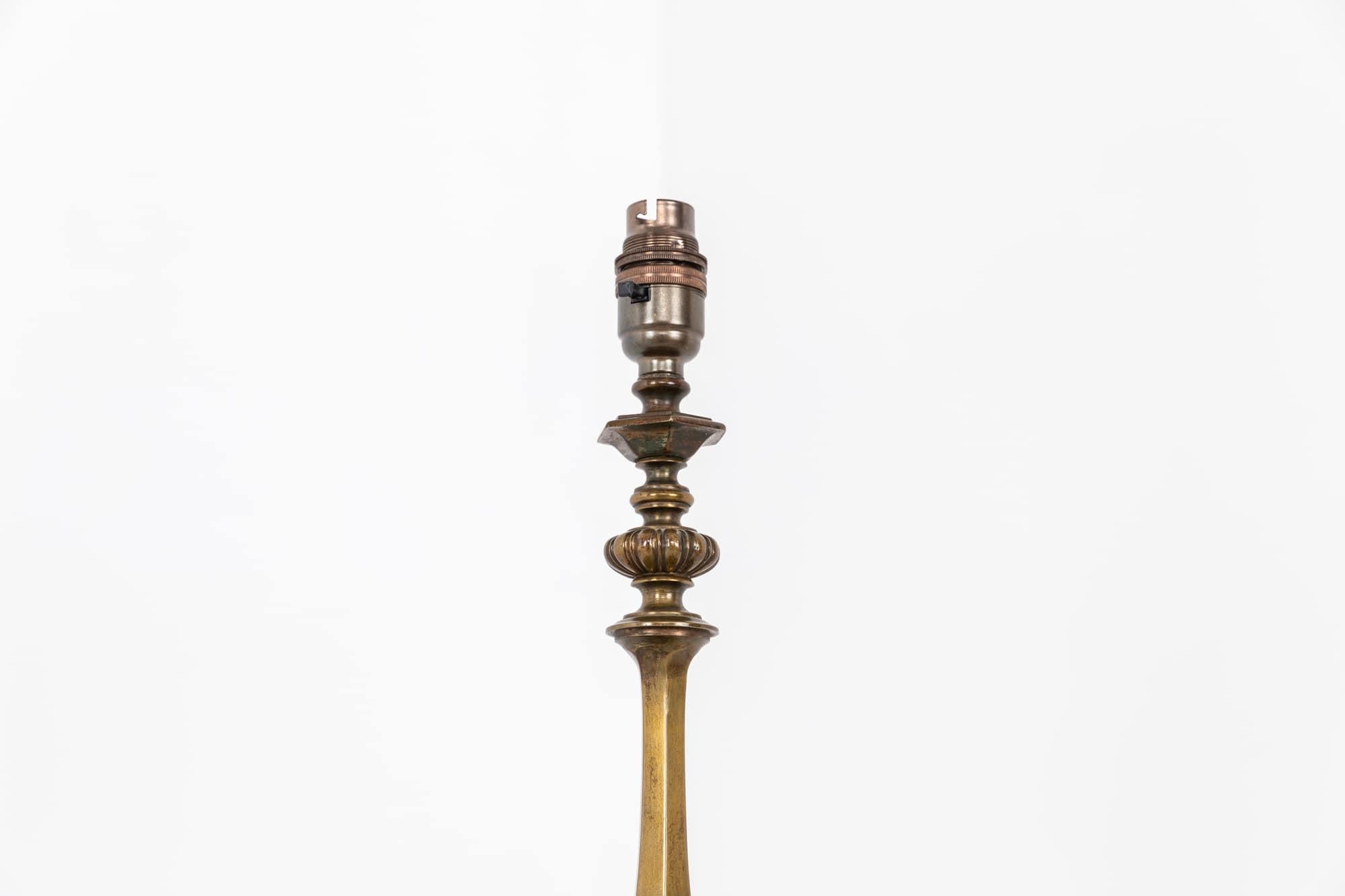 

A very attractive Edwardian brass table lamp. c.1910

Of high quality, heavy brass construction with beautiful aged patina.

Rewired with 2m of black twisted flex and BS 3-pin plug.

