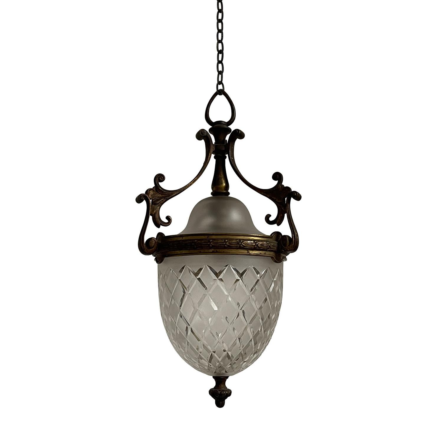 British Antique Vintage Edwardian Brass Cut Prismatic Glass Ceiling Pendant Light Lamp