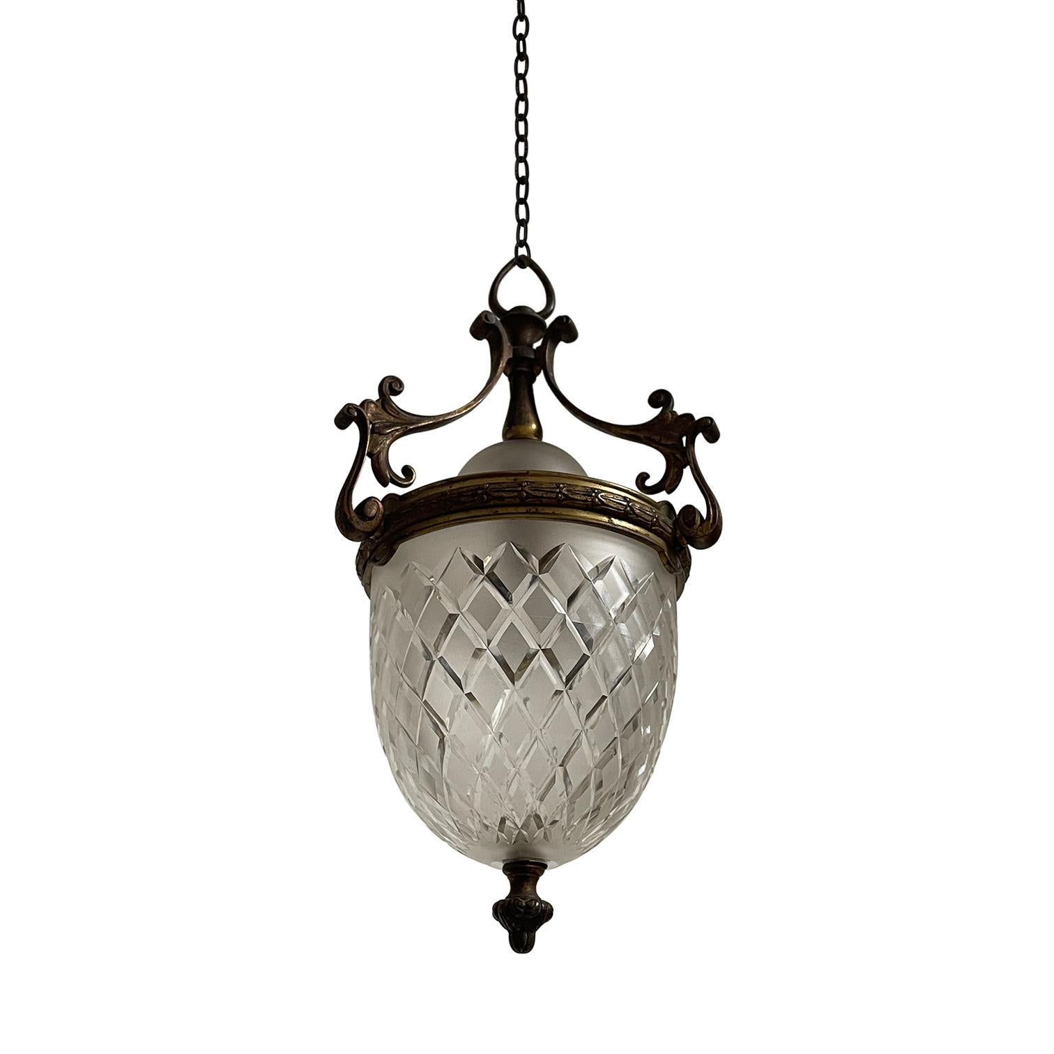 Antique Vintage Edwardian Brass Cut Prismatic Glass Ceiling Pendant Light Lamp In Good Condition In Sale, GB