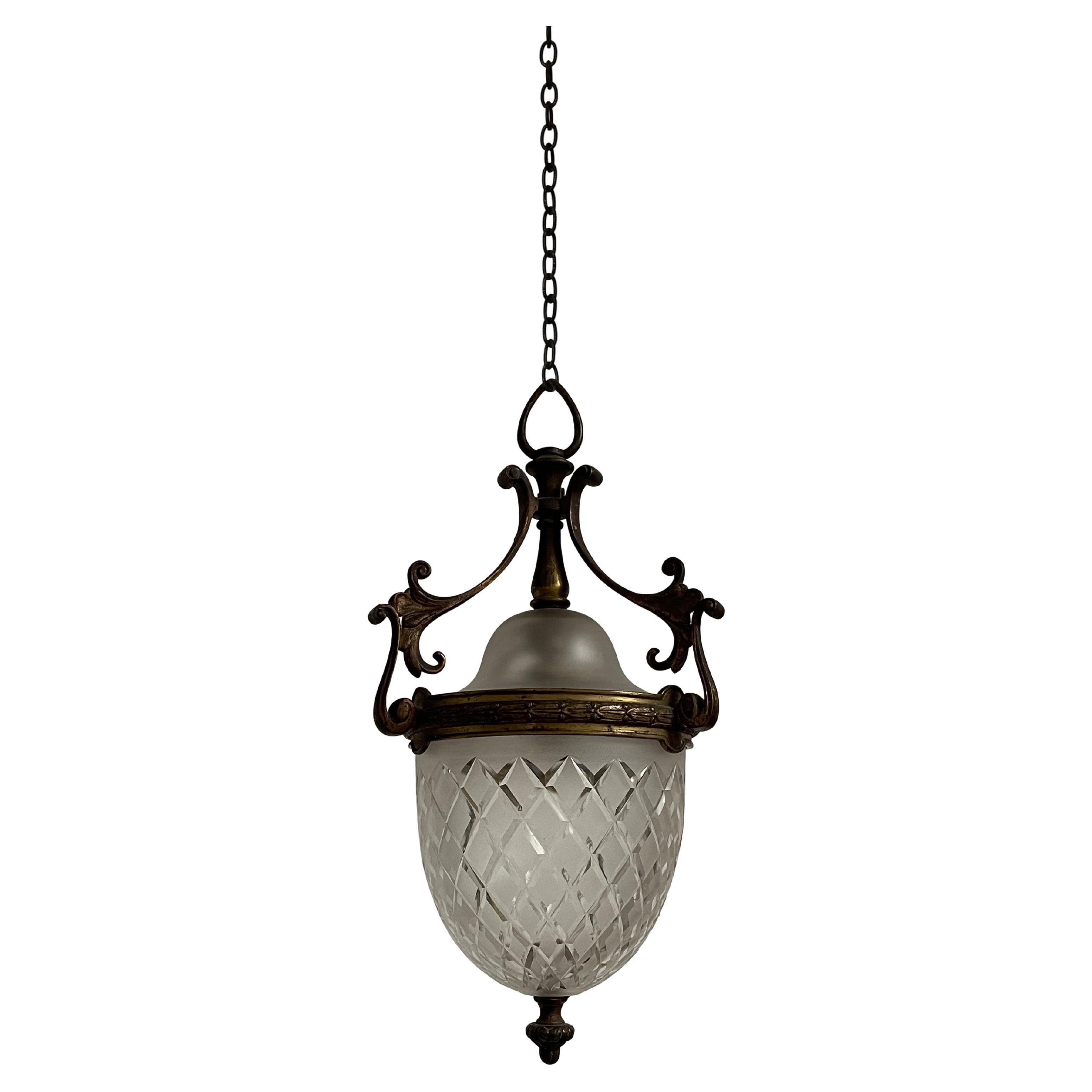 Antique Vintage Edwardian Brass Cut Prismatic Glass Ceiling Pendant Light Lamp