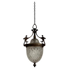 Antique Vintage Edwardian Brass Cut Prismatic Glass Ceiling Pendant Light Lamp