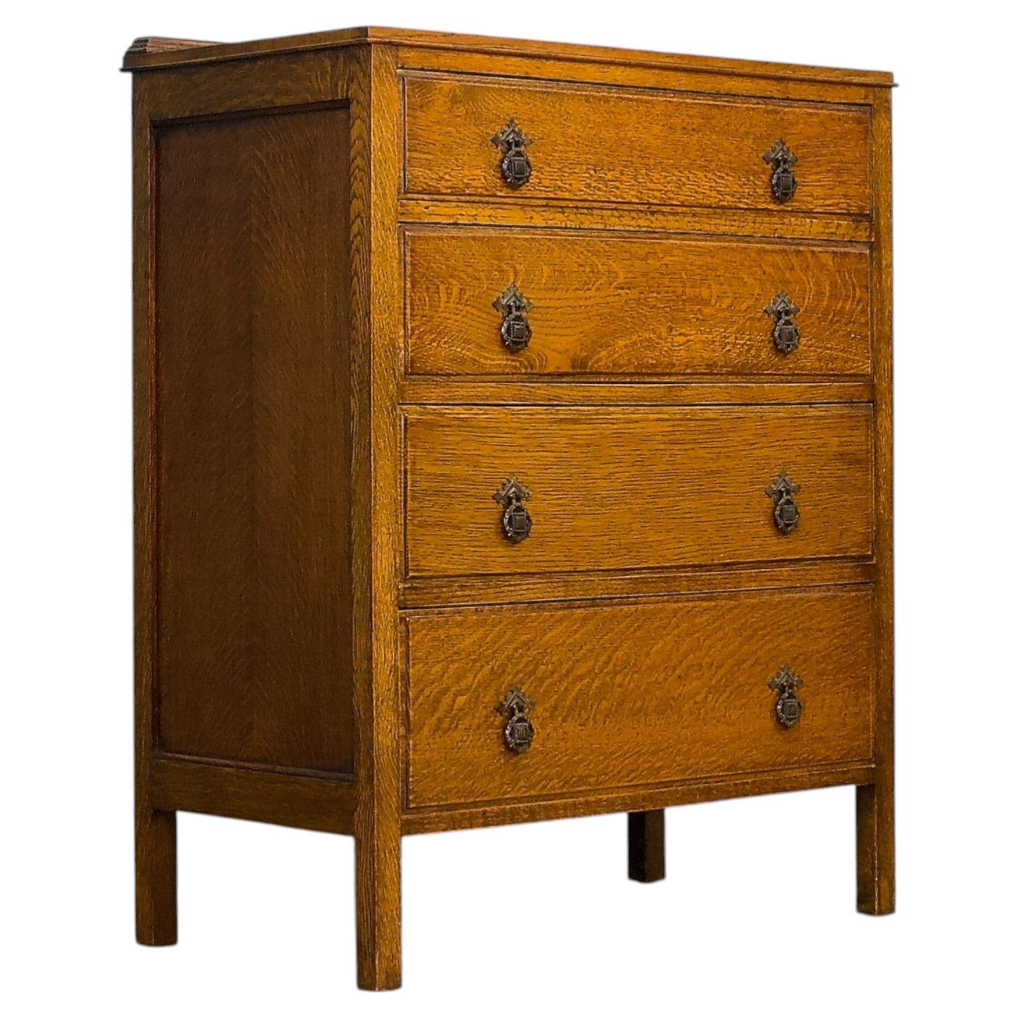 Antique Vintage Edwardian Oak Arts and Crafts Chest Of Drawers, 1900s