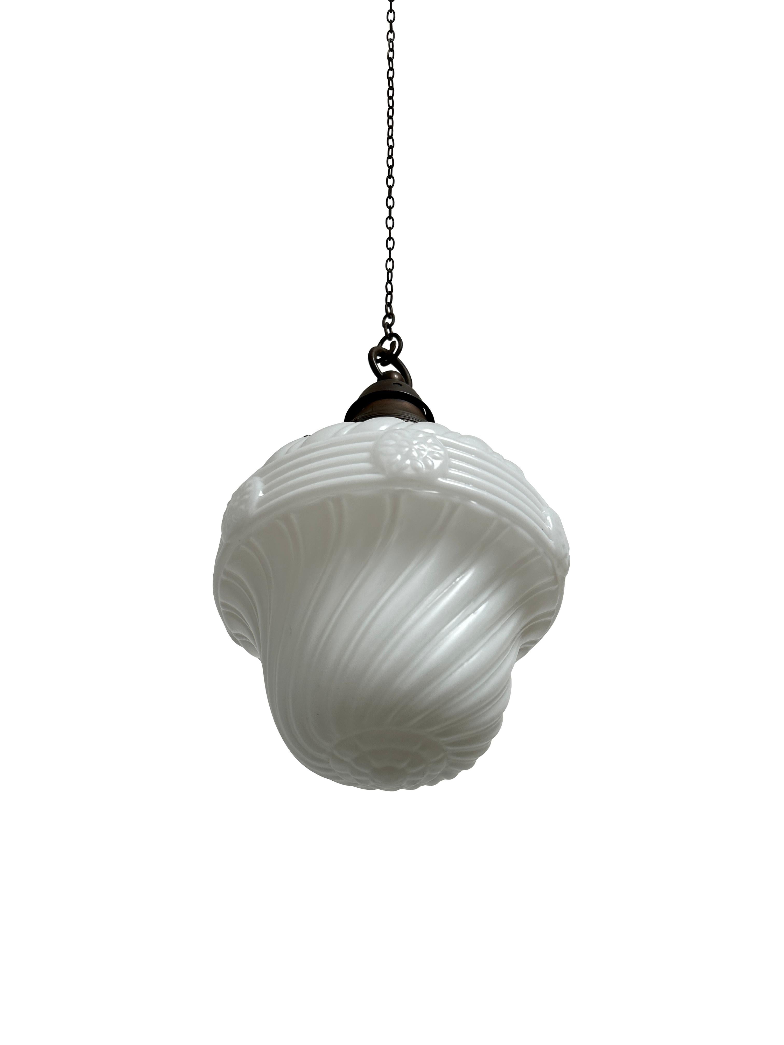- A wonderful satin glass church opaline ceiling pendant, circa 1910.
- Incredible detail across the opaline and all original patinated copper gallery. 
- Rewired in braided flex and PAT tested, ready to hang. 
- 36cm High, 22cm Wide, 22cm Deep.